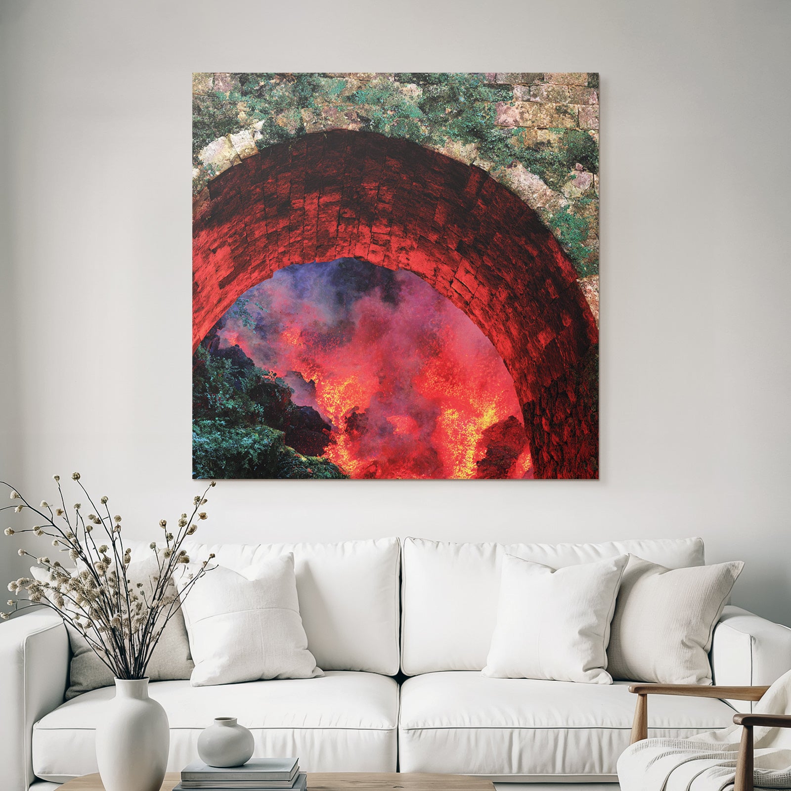 Stone Arch With Flaming Lava And Moss