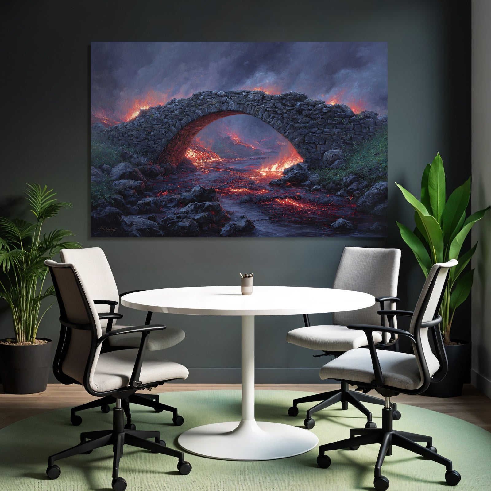 Stone arch bridge over lava flow against dramatic black sky