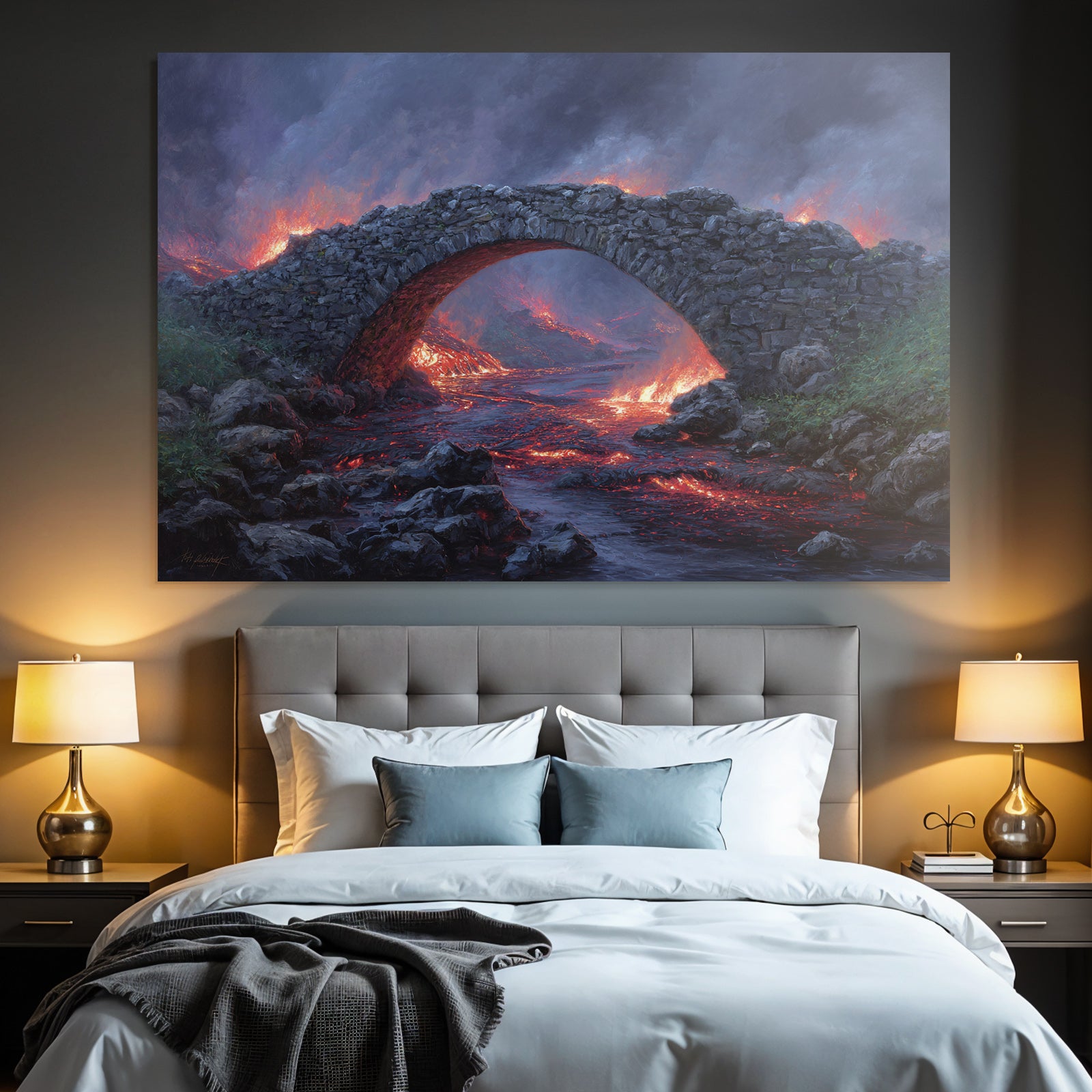 Stone arch bridge over lava flow against dramatic black sky