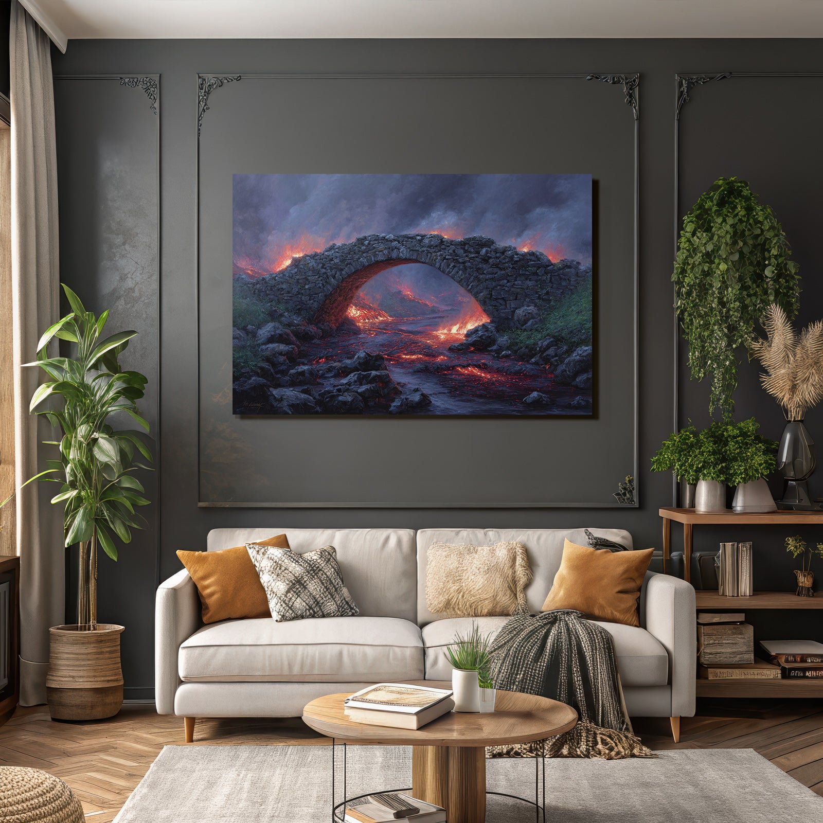 Stone arch bridge over lava flow against dramatic black sky