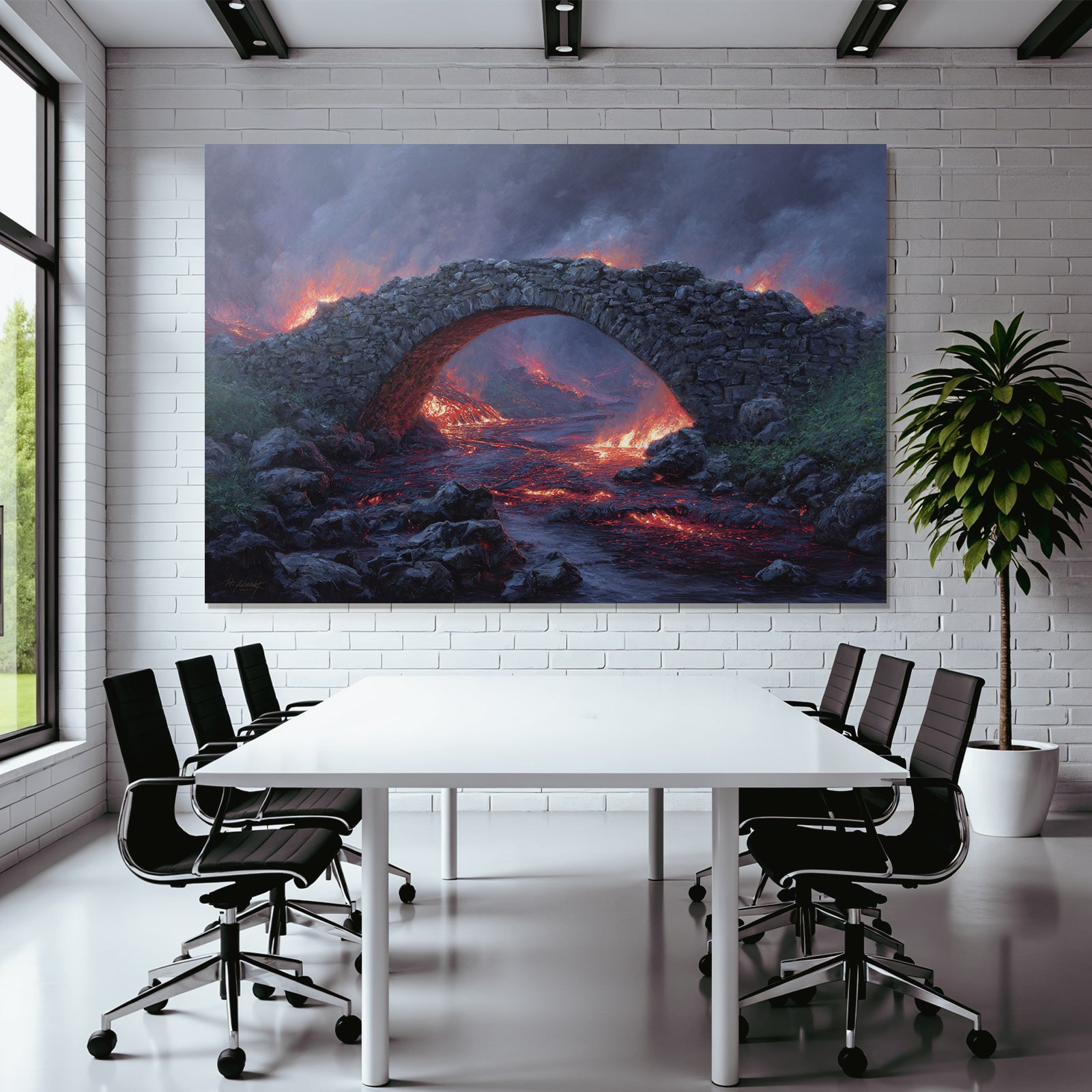 Stone arch bridge over lava flow against dramatic black sky
