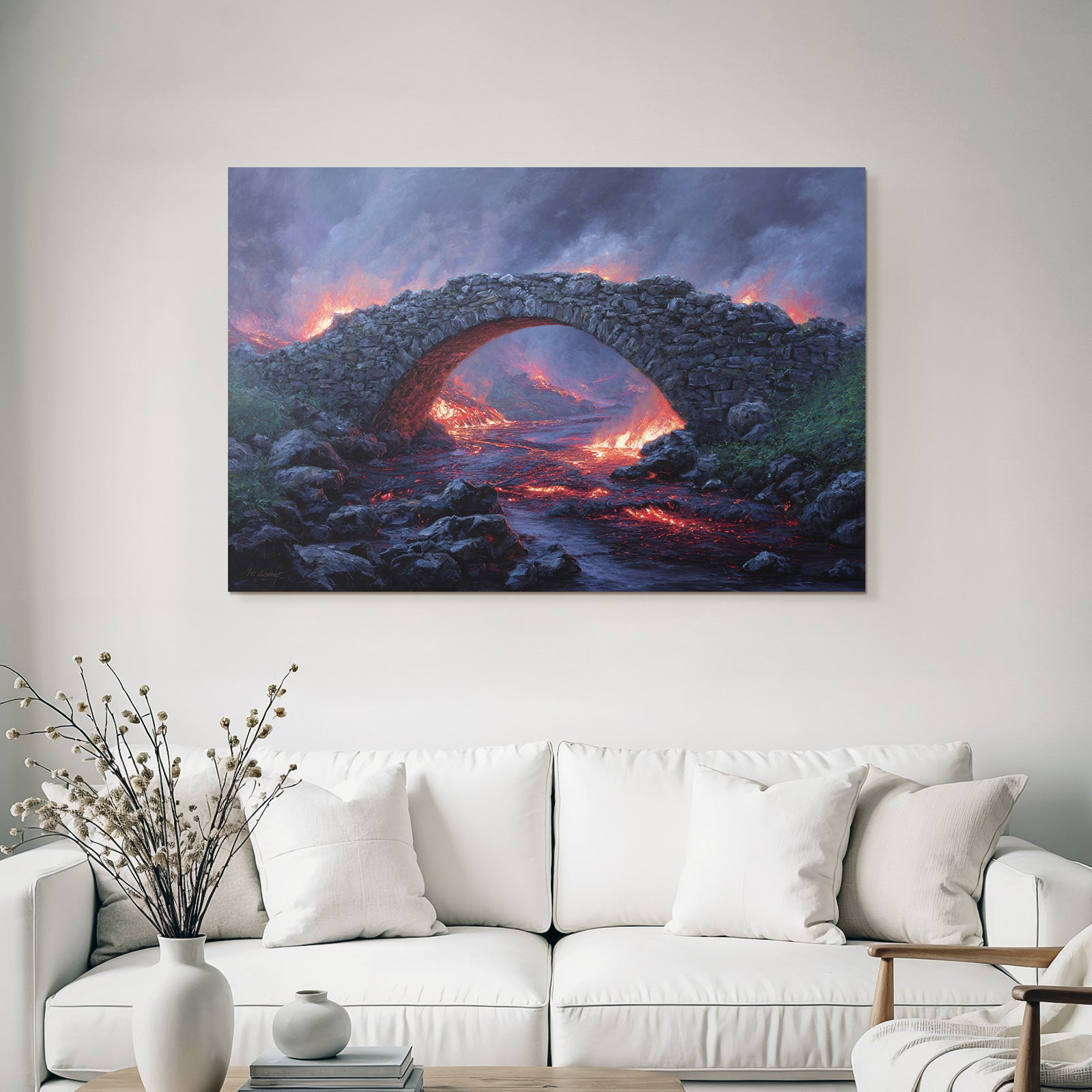 Stone arch bridge over lava flow against dramatic black sky