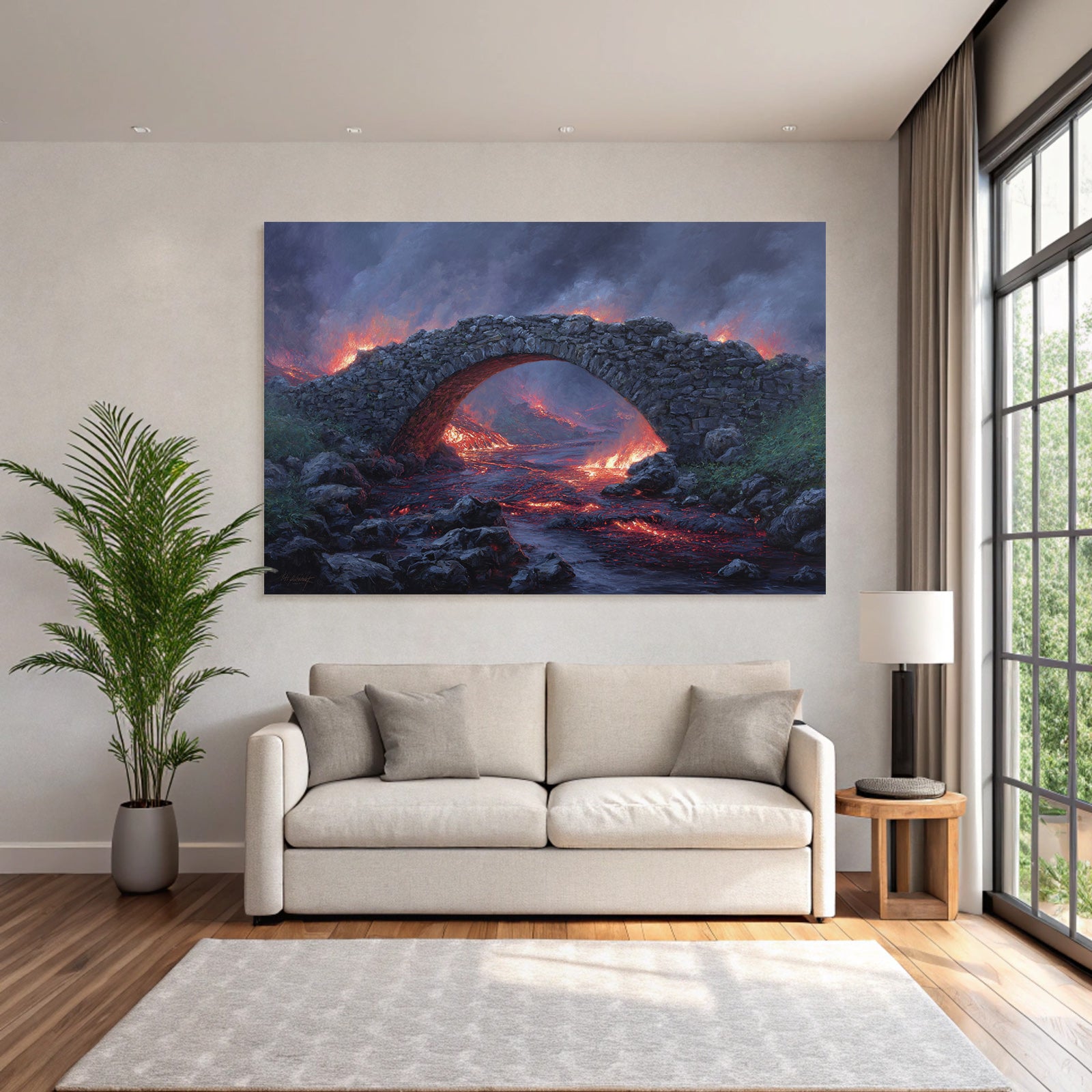 Stone arch bridge over lava flow against dramatic black sky