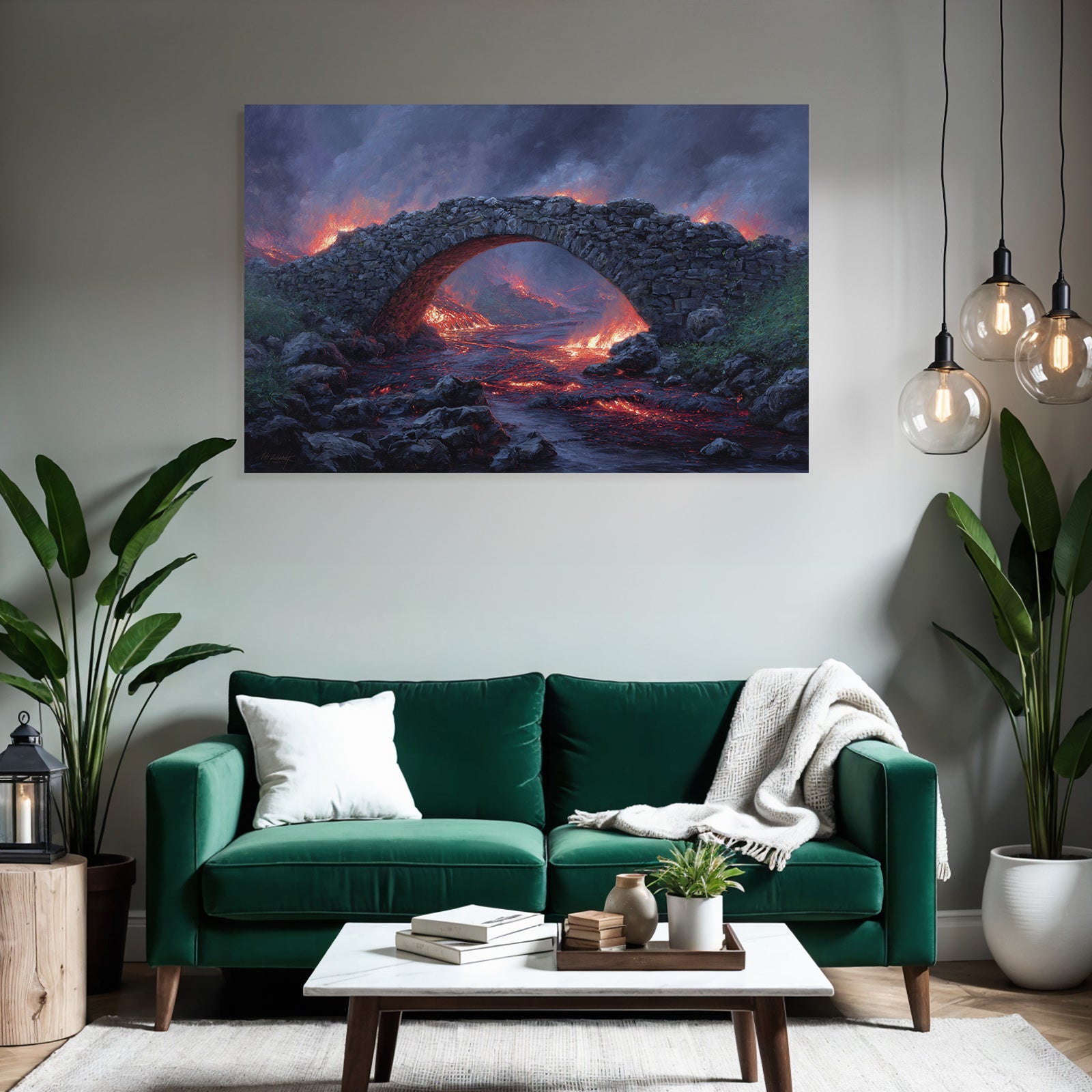 Stone arch bridge over lava flow against dramatic black sky