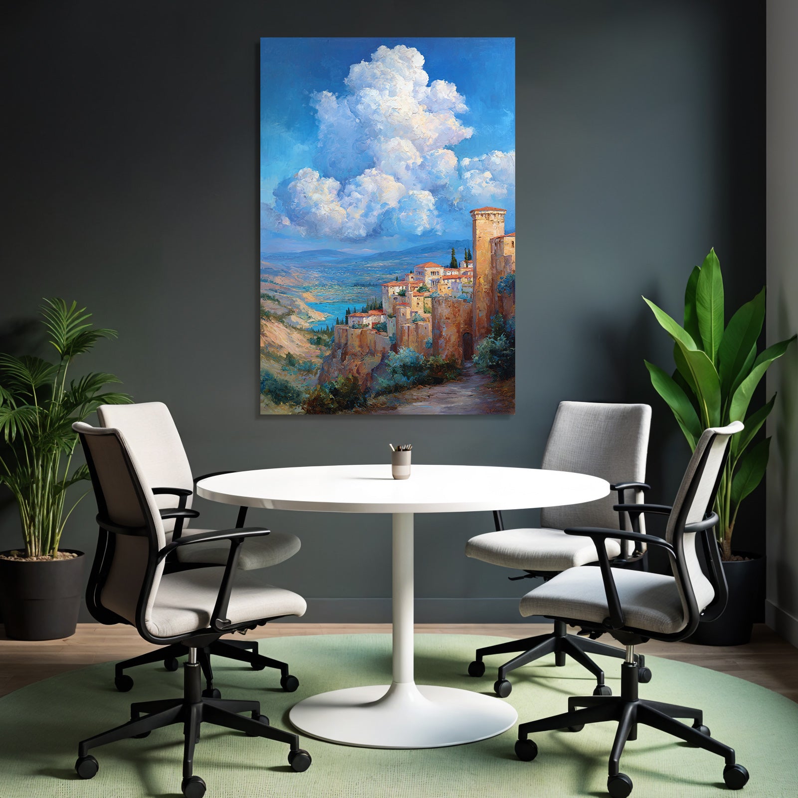 Idyllic hilly landscape with village and lake