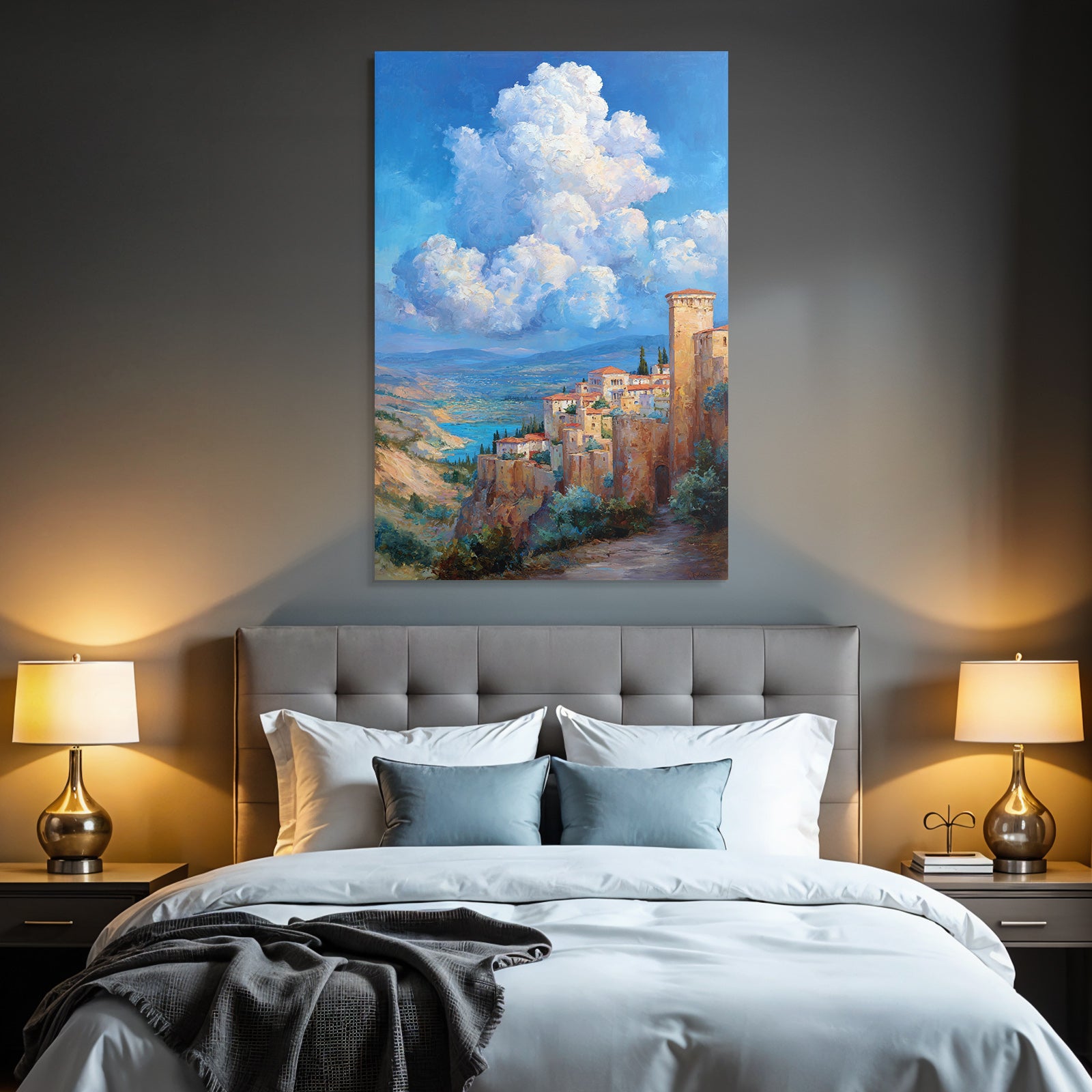 Idyllic hilly landscape with village and lake