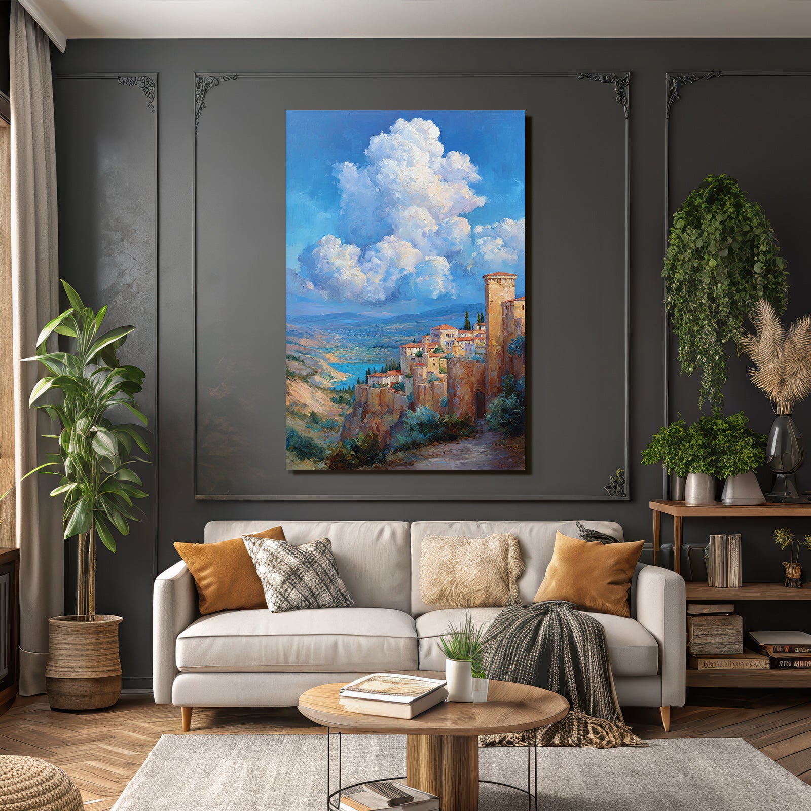 Idyllic hilly landscape with village and lake