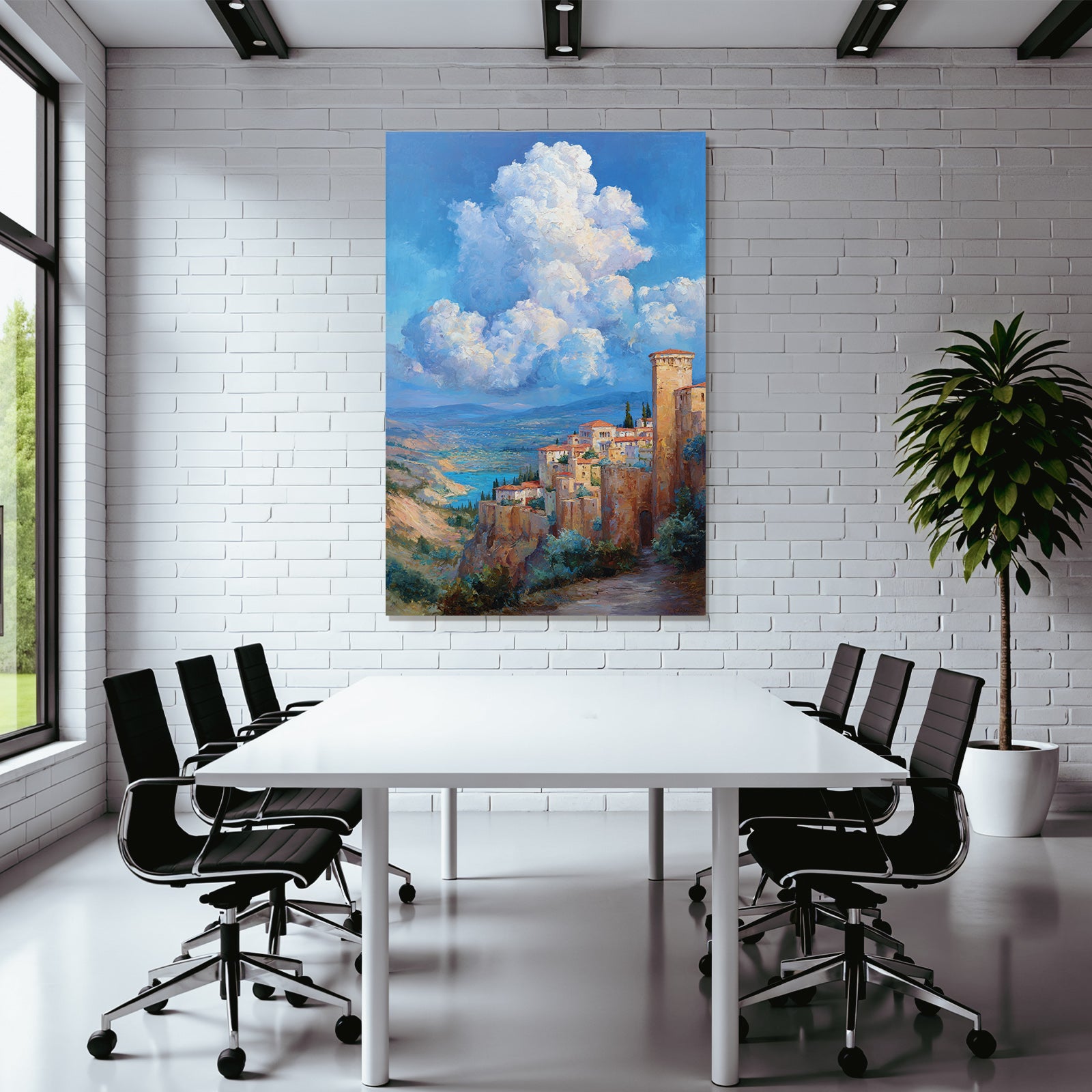 Idyllic hilly landscape with village and lake