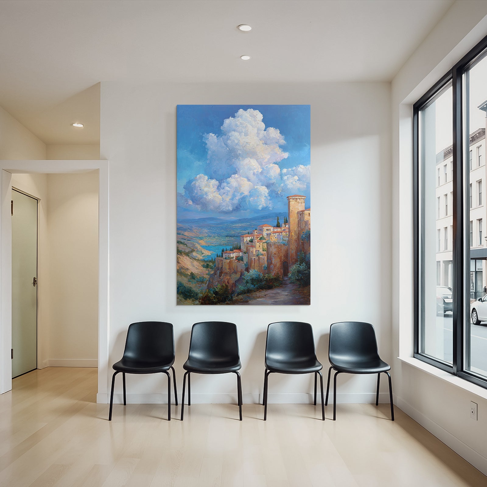 Idyllic hilly landscape with village and lake