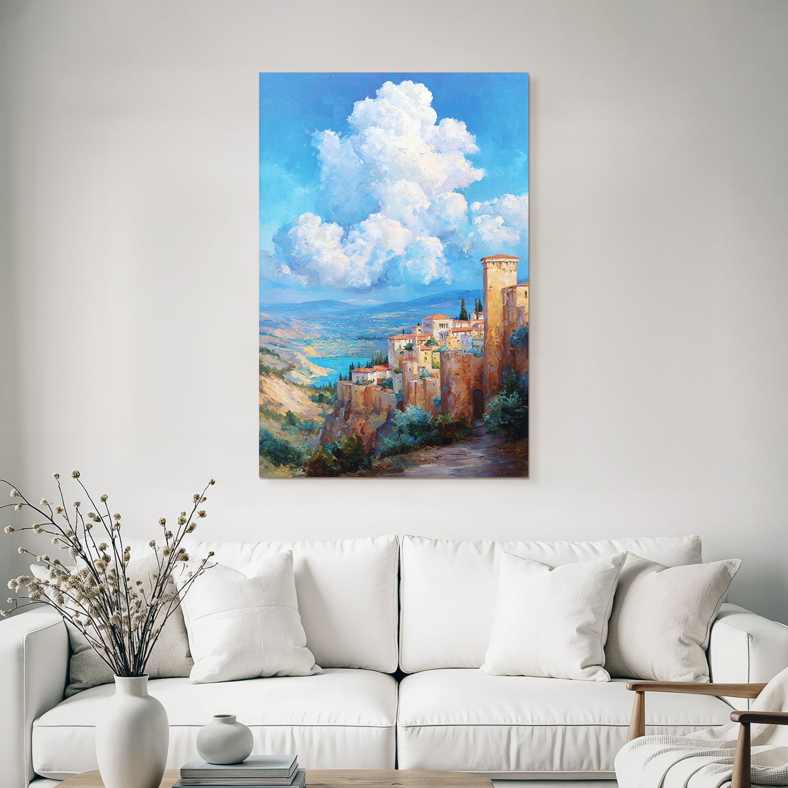 Idyllic hilly landscape with village and lake