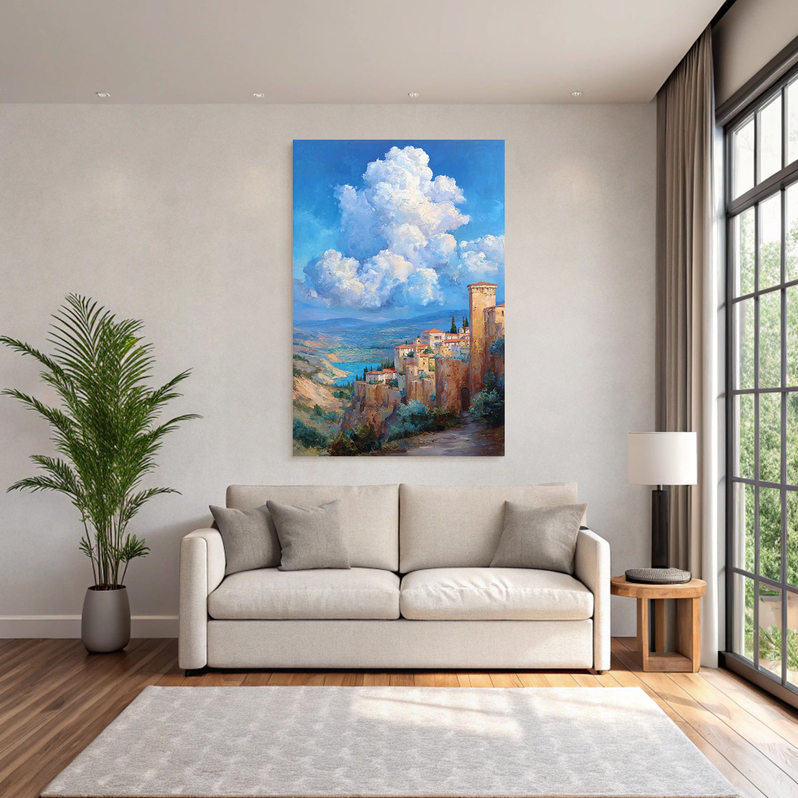 Idyllic hilly landscape with village and lake