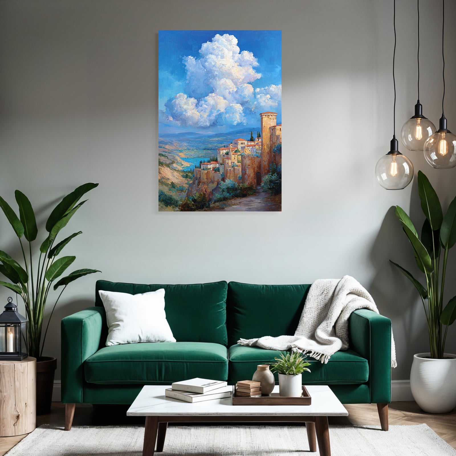 Idyllic hilly landscape with village and lake