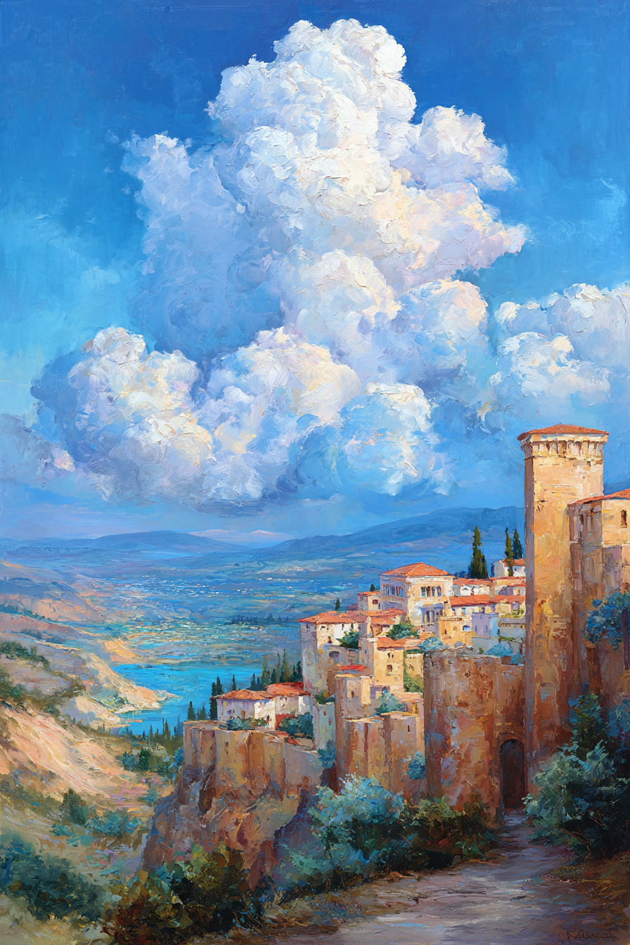 Idyllische Hügellandschaft Mit Dorf Und See | Himmel und Wolken | Natur