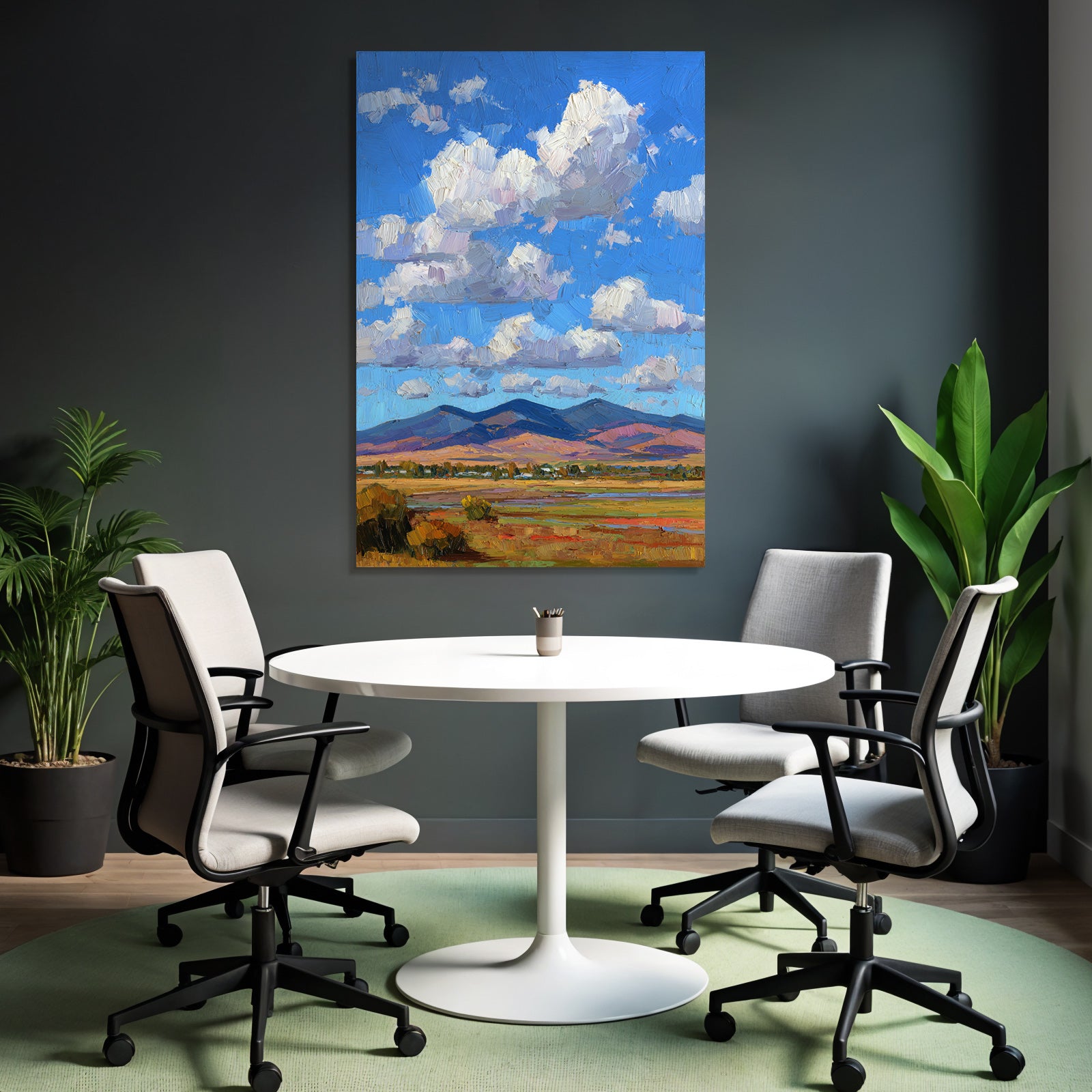 Impressionistische Landschaft Mit Rollenden Hügeln Grünen Wiesen Und Buntem Himmel