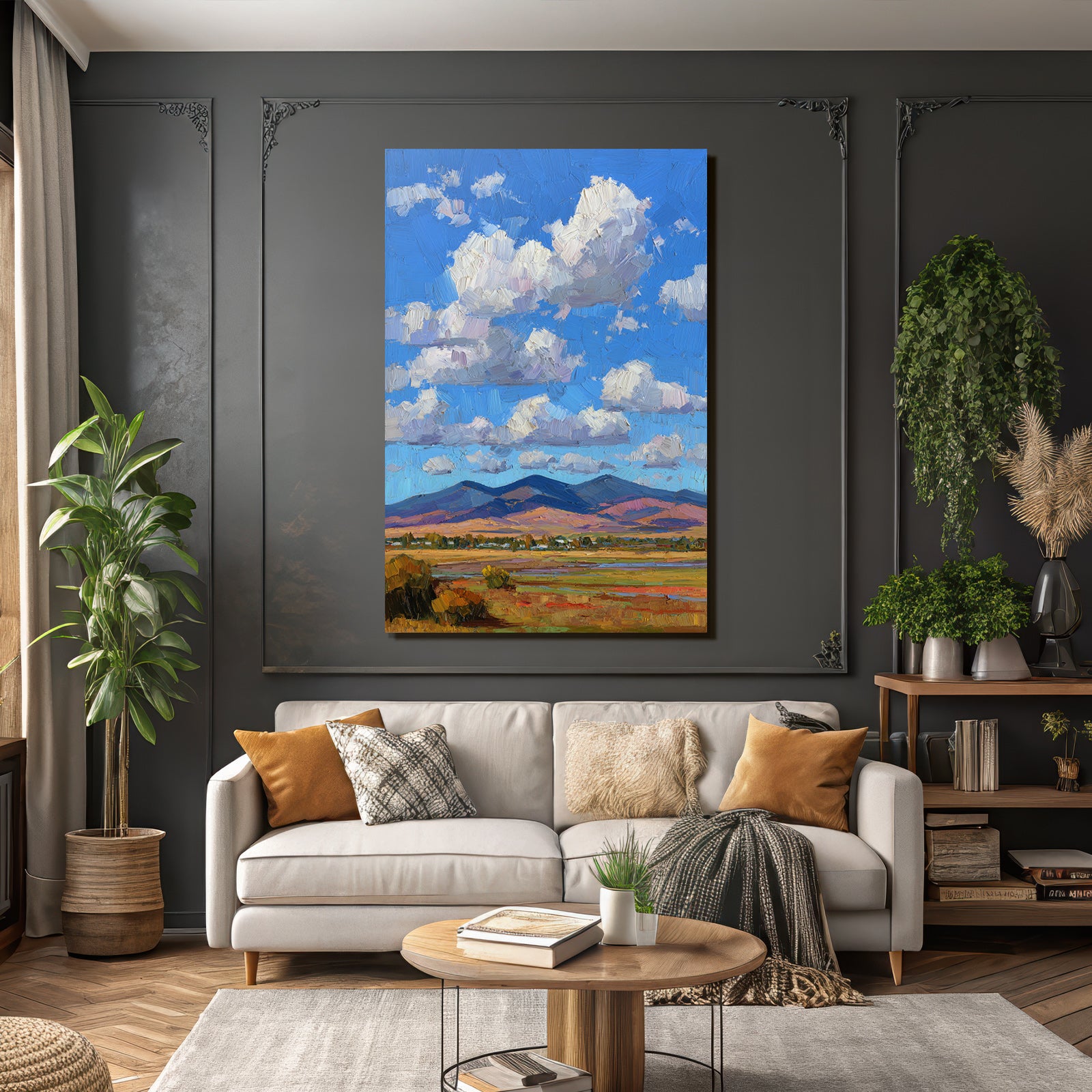 Impressionistische Landschaft Mit Rollenden Hügeln Grünen Wiesen Und Buntem Himmel