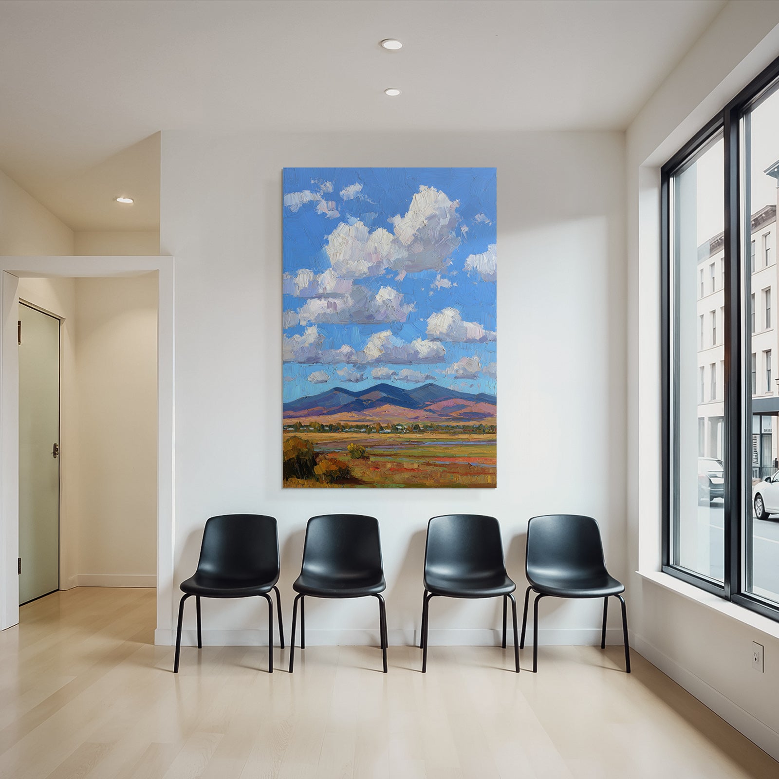 Impressionistische Landschaft Mit Rollenden Hügeln Grünen Wiesen Und Buntem Himmel