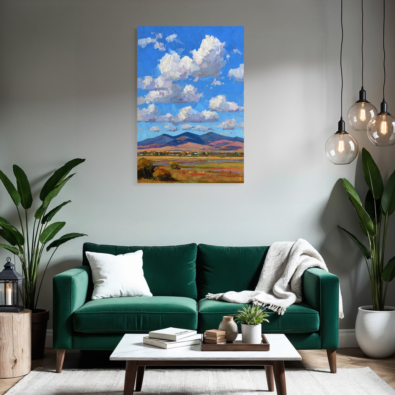 Impressionistische Landschaft Mit Rollenden Hügeln Grünen Wiesen Und Buntem Himmel