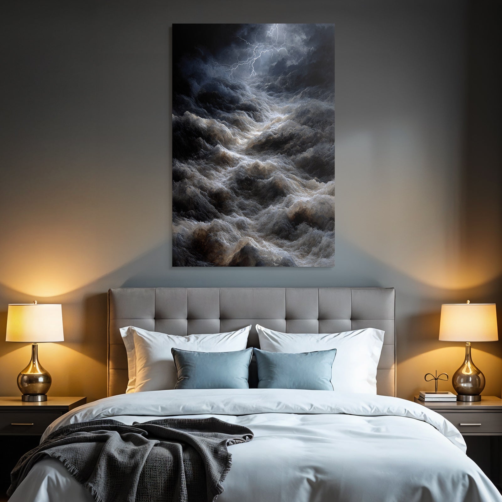 Stormy sea with dramatic waves and lightning