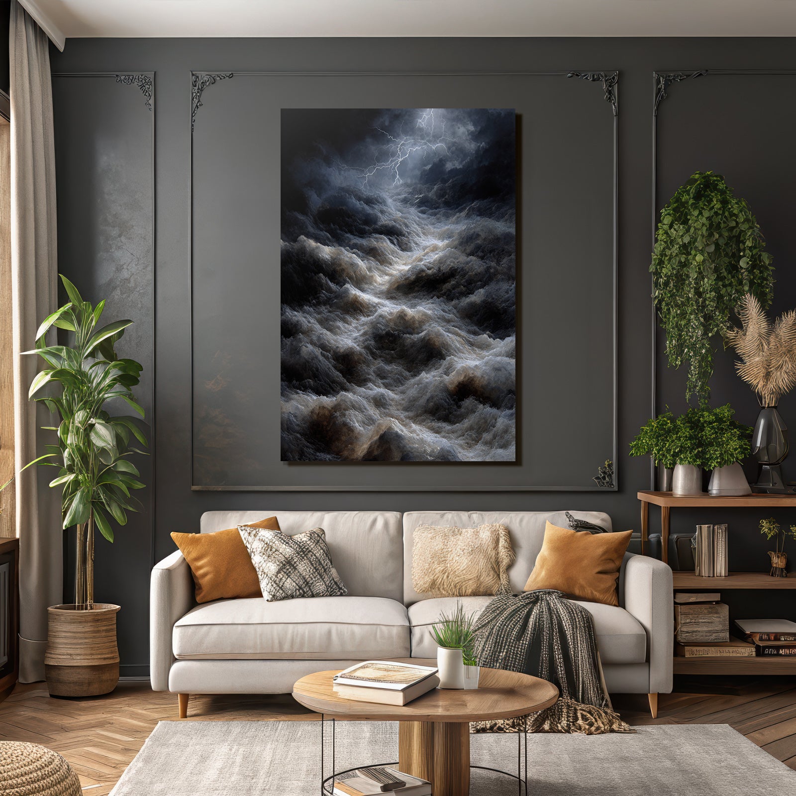 Stormy sea with dramatic waves and lightning