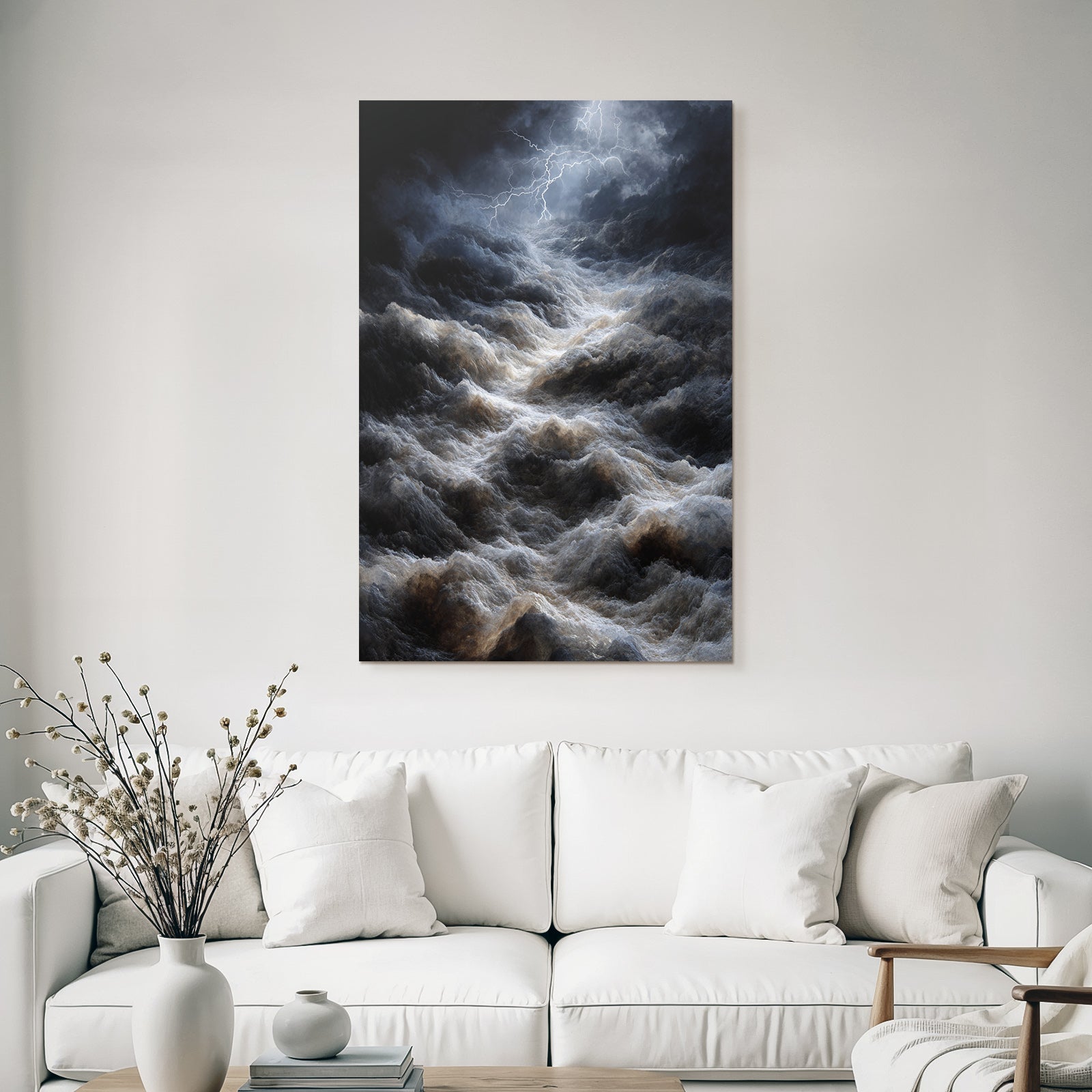 Stormy sea with dramatic waves and lightning