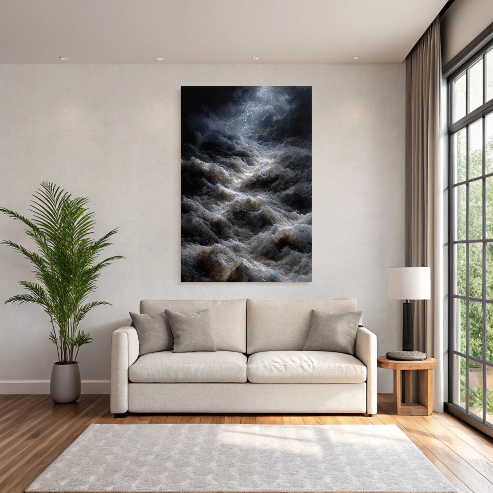 Stormy sea with dramatic waves and lightning