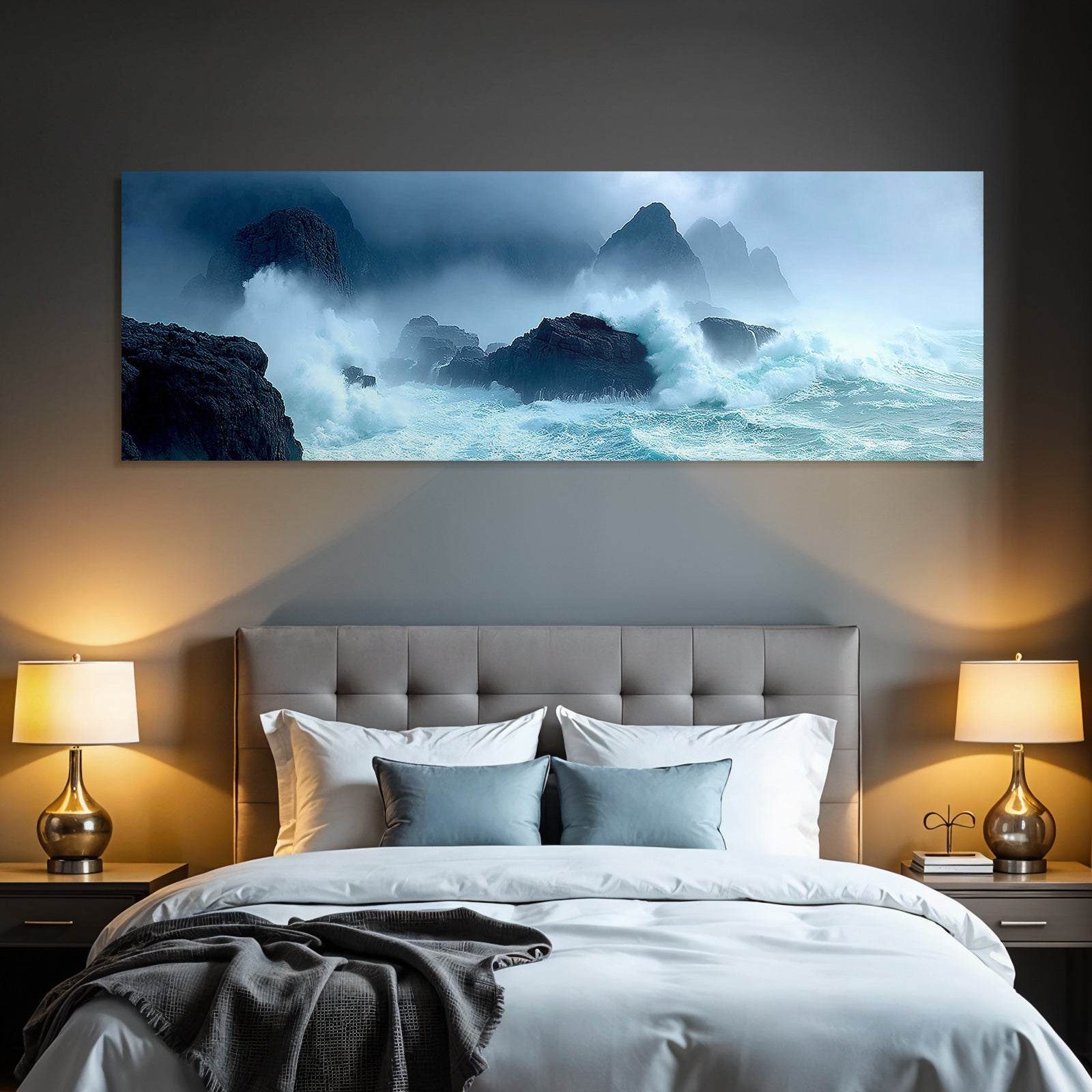 Stormy sea with spray, rocks and fog