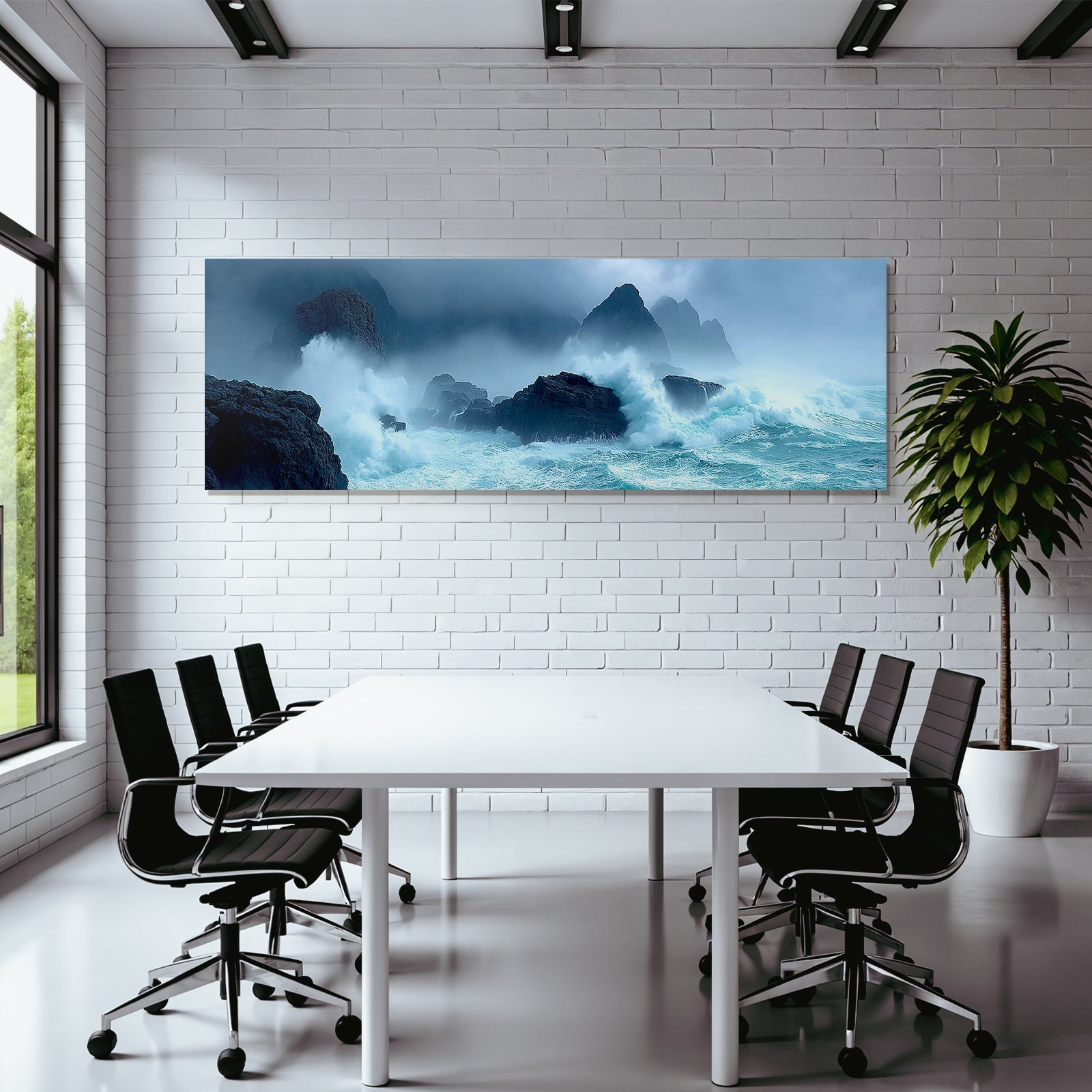 Stormy sea with spray, rocks and fog