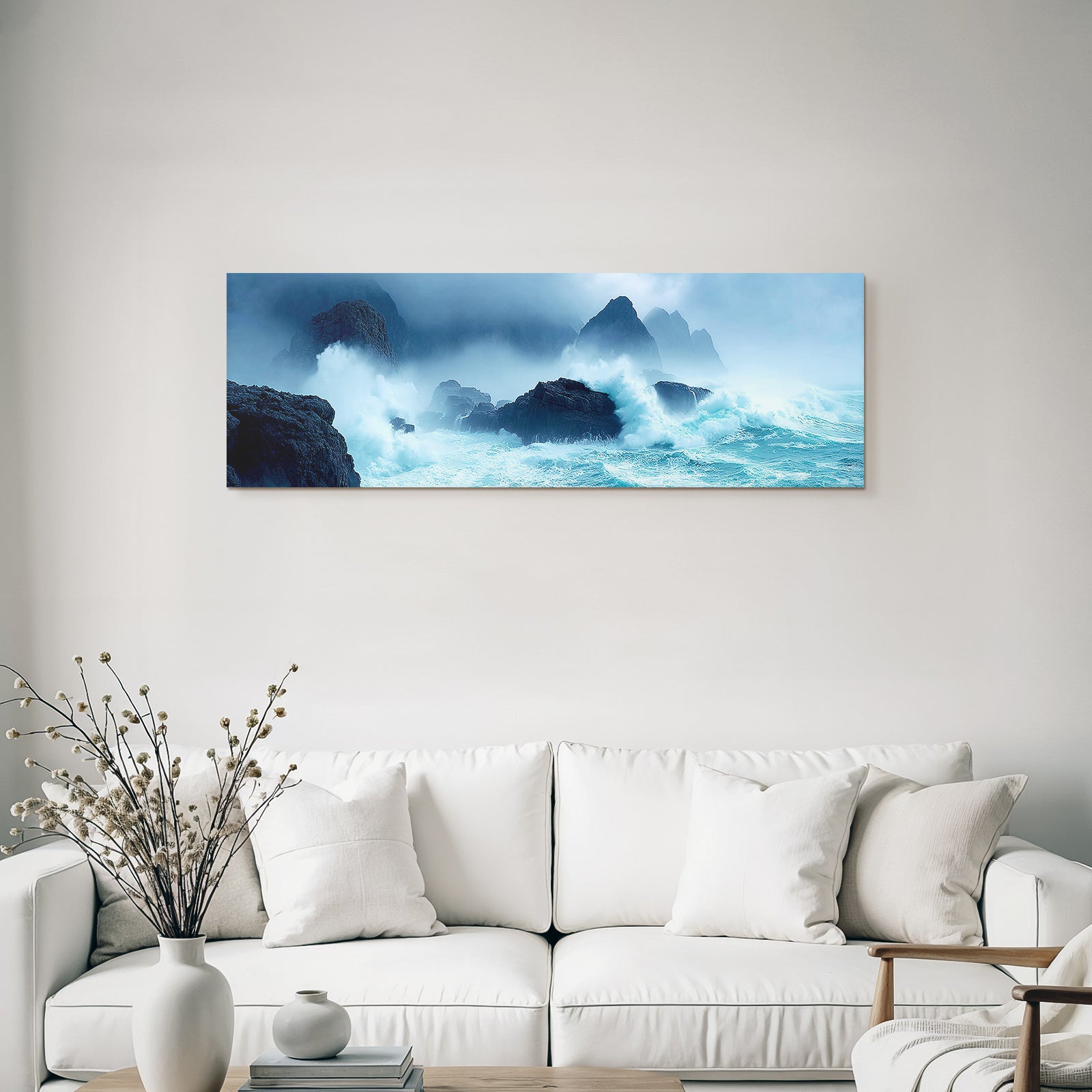 Stormy sea with spray, rocks and fog