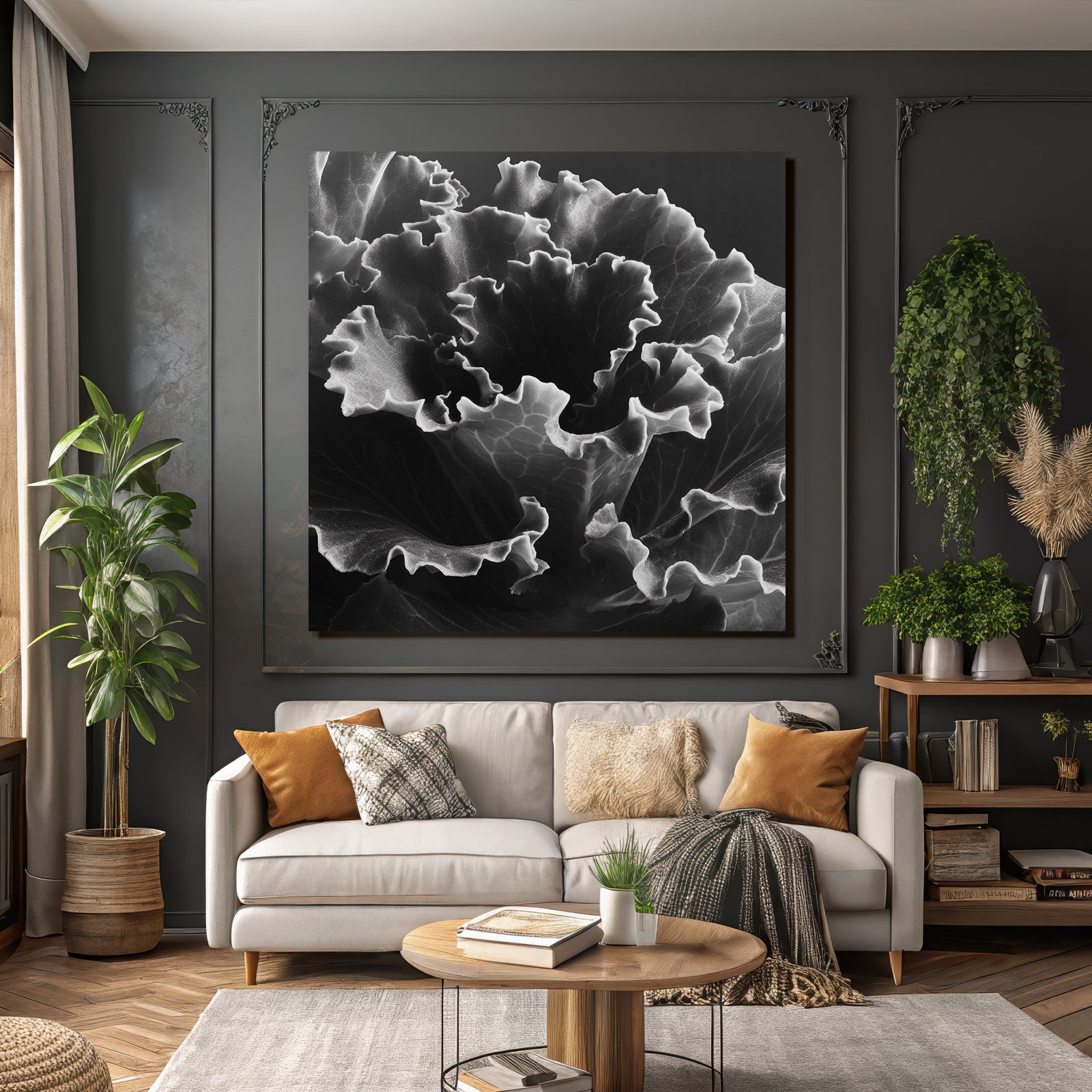 Schwarz Weiss Nahaufnahme Eines Blattes Mit Gekräuselten Randstrukturen