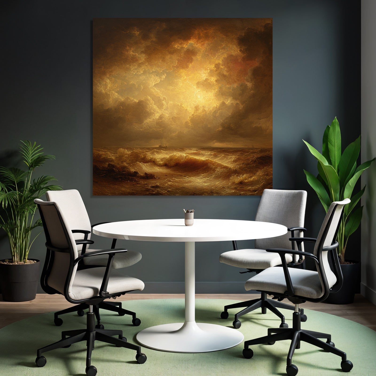 Stormy sea with golden sky and distant ship silhouettes
