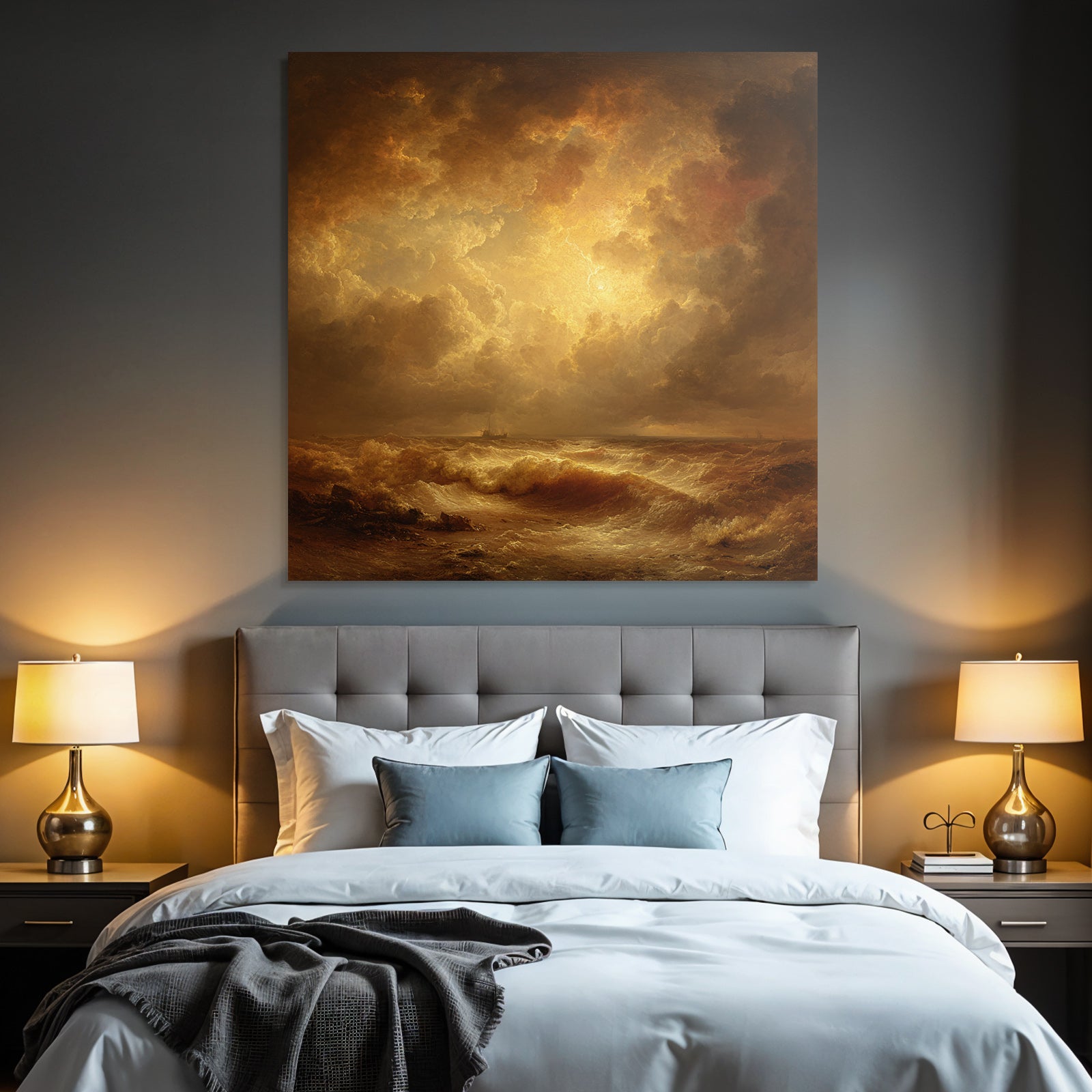 Stormy sea with golden sky and distant ship silhouettes