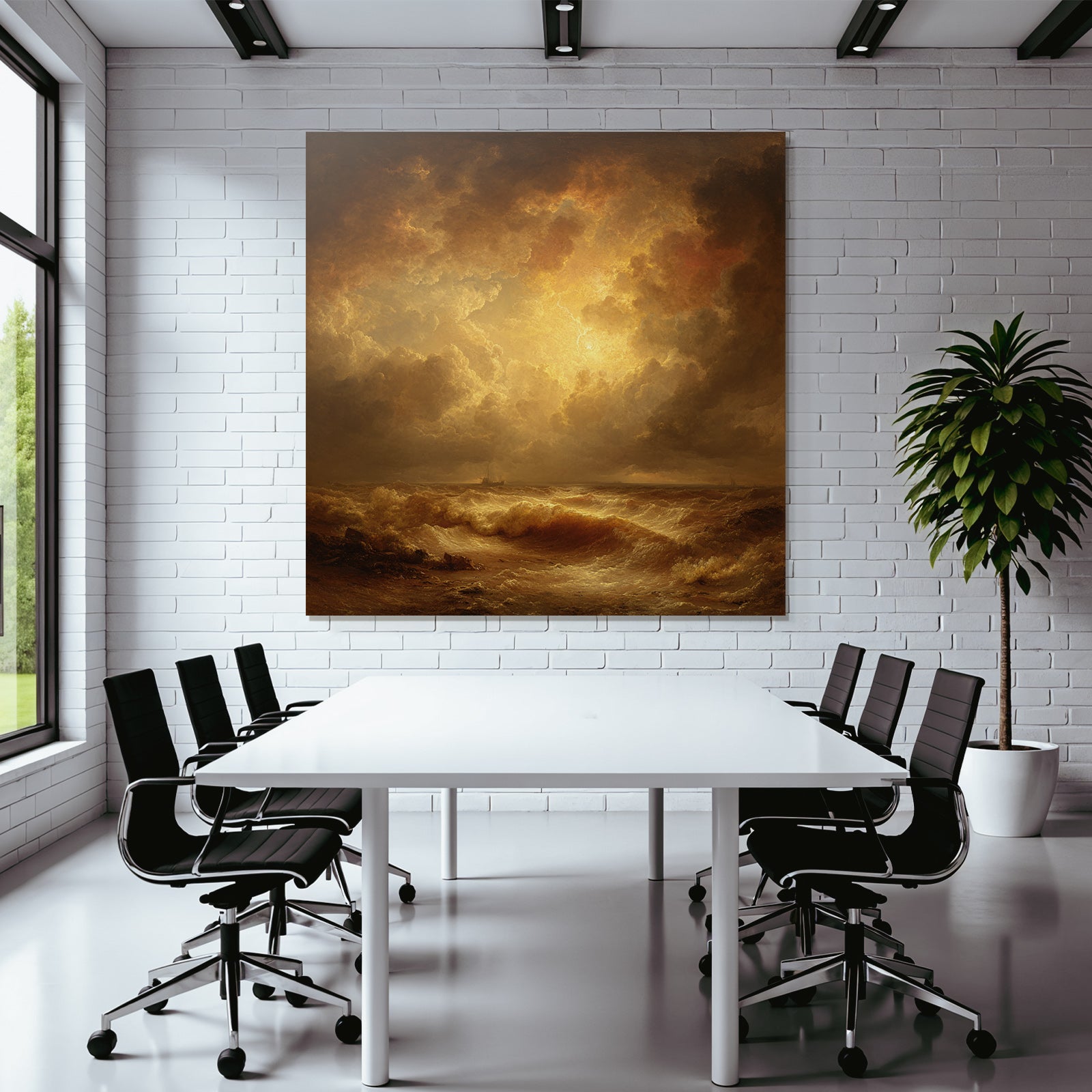 Stormy sea with golden sky and distant ship silhouettes