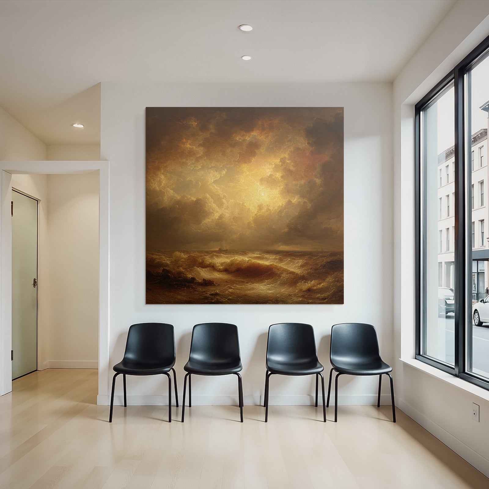 Stormy sea with golden sky and distant ship silhouettes