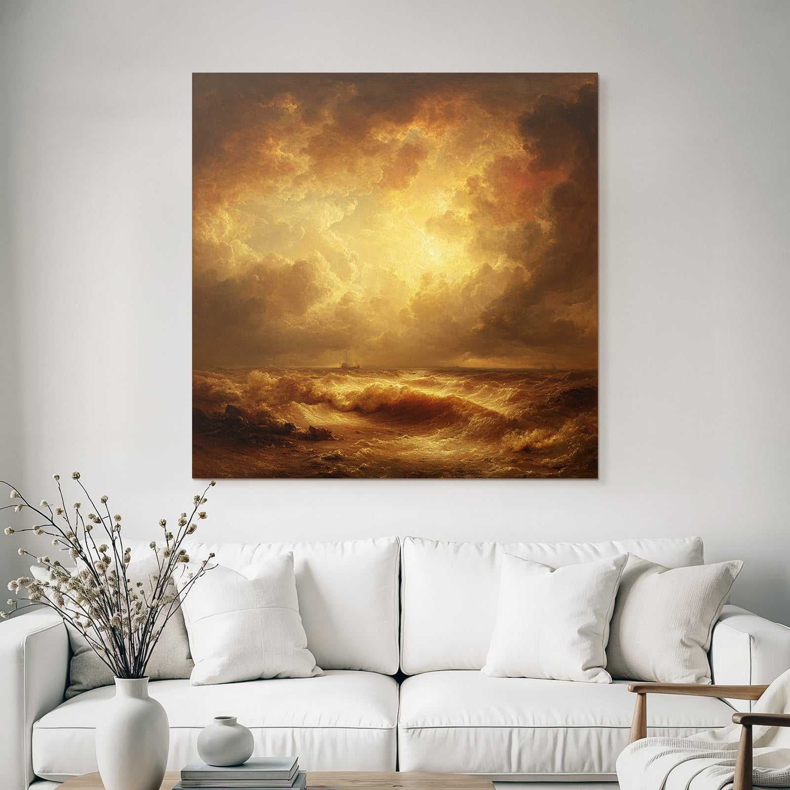 Stormy sea with golden sky and distant ship silhouettes