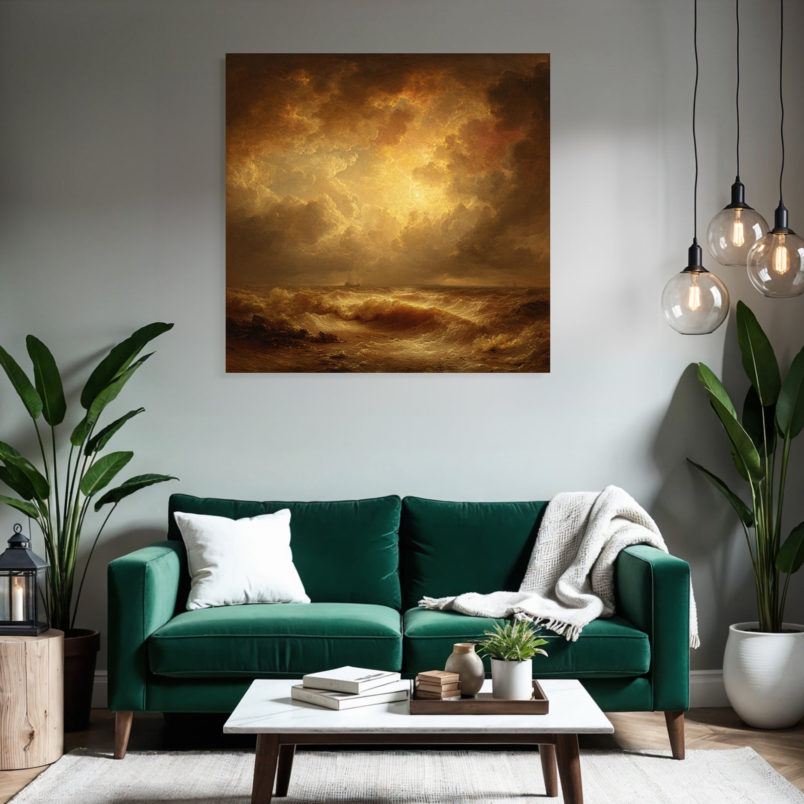 Stormy sea with golden sky and distant ship silhouettes