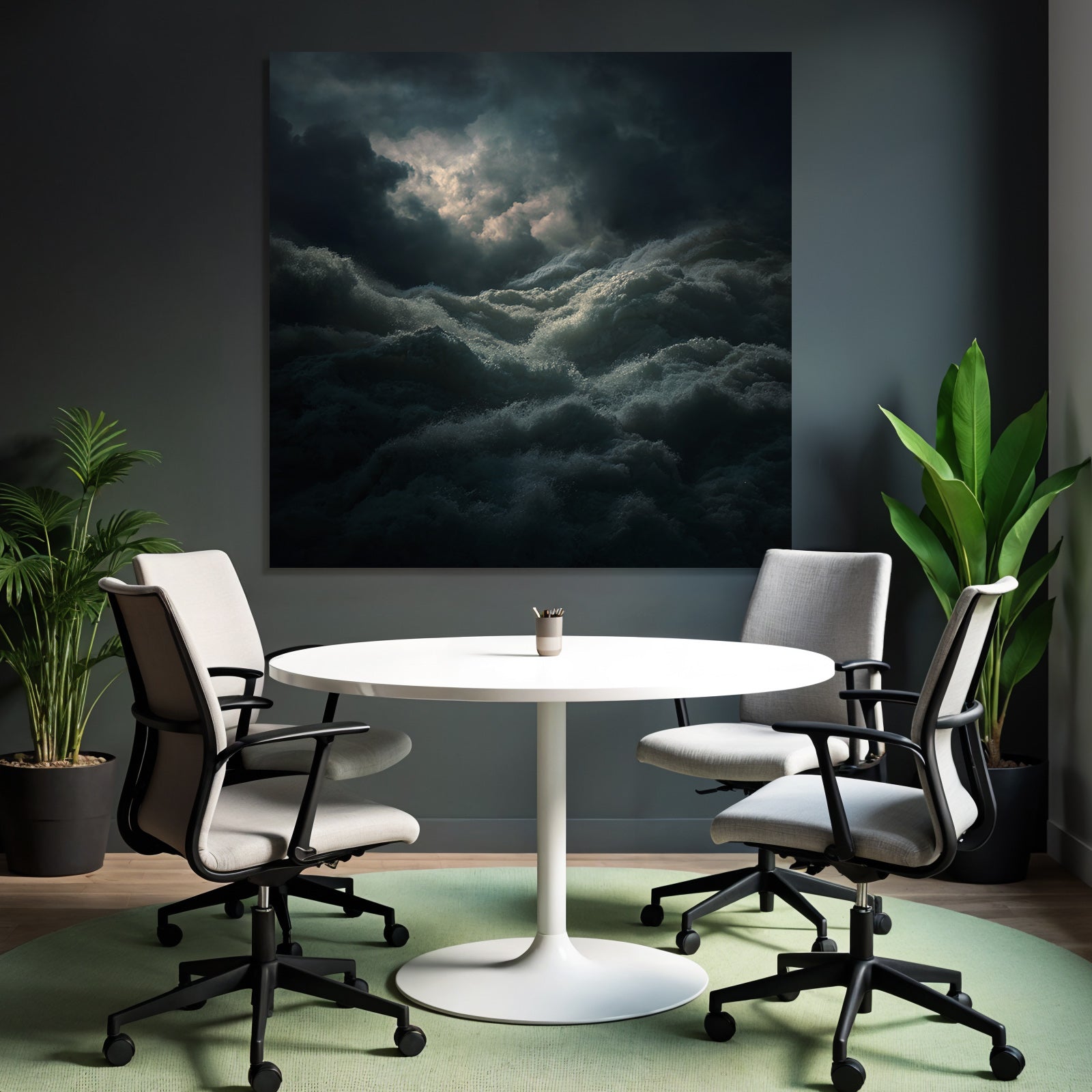 Stormy sea under dark clouds with light