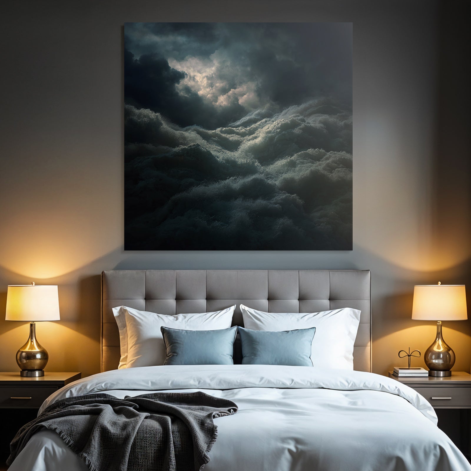 Stormy sea under dark clouds with light