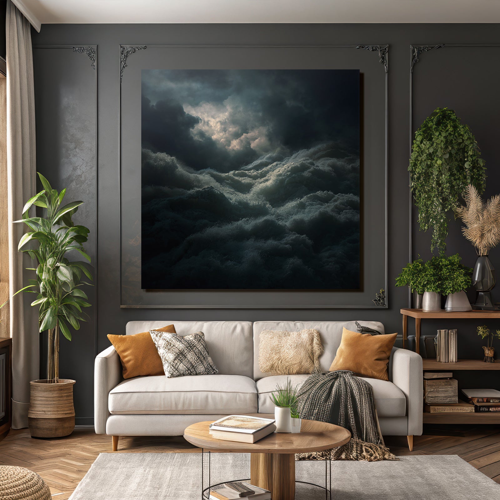 Stormy sea under dark clouds with light