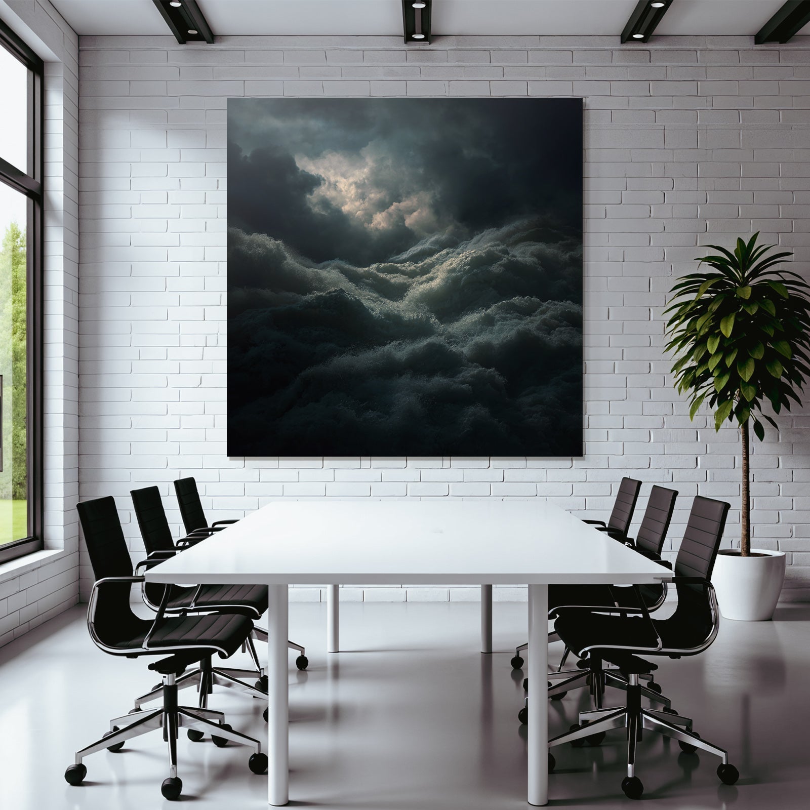 Stormy sea under dark clouds with light