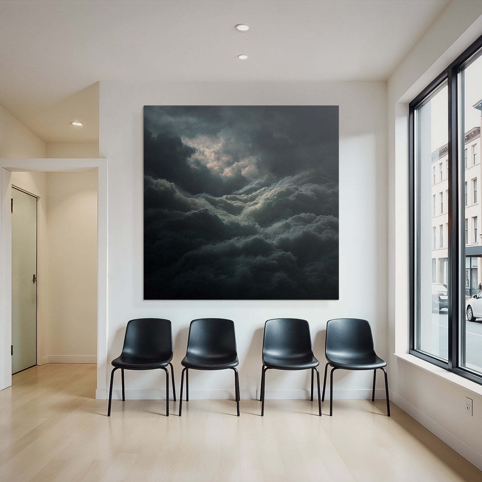 Stormy sea under dark clouds with light