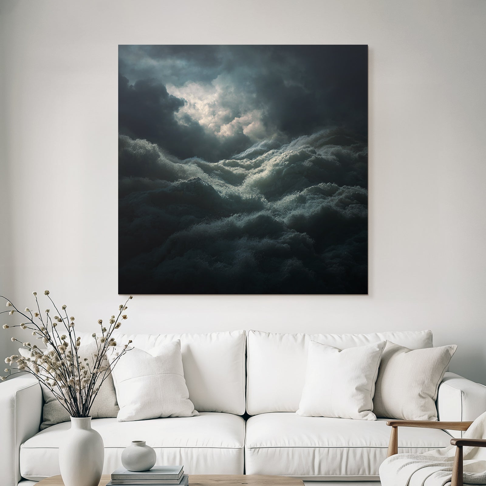 Stormy sea under dark clouds with light