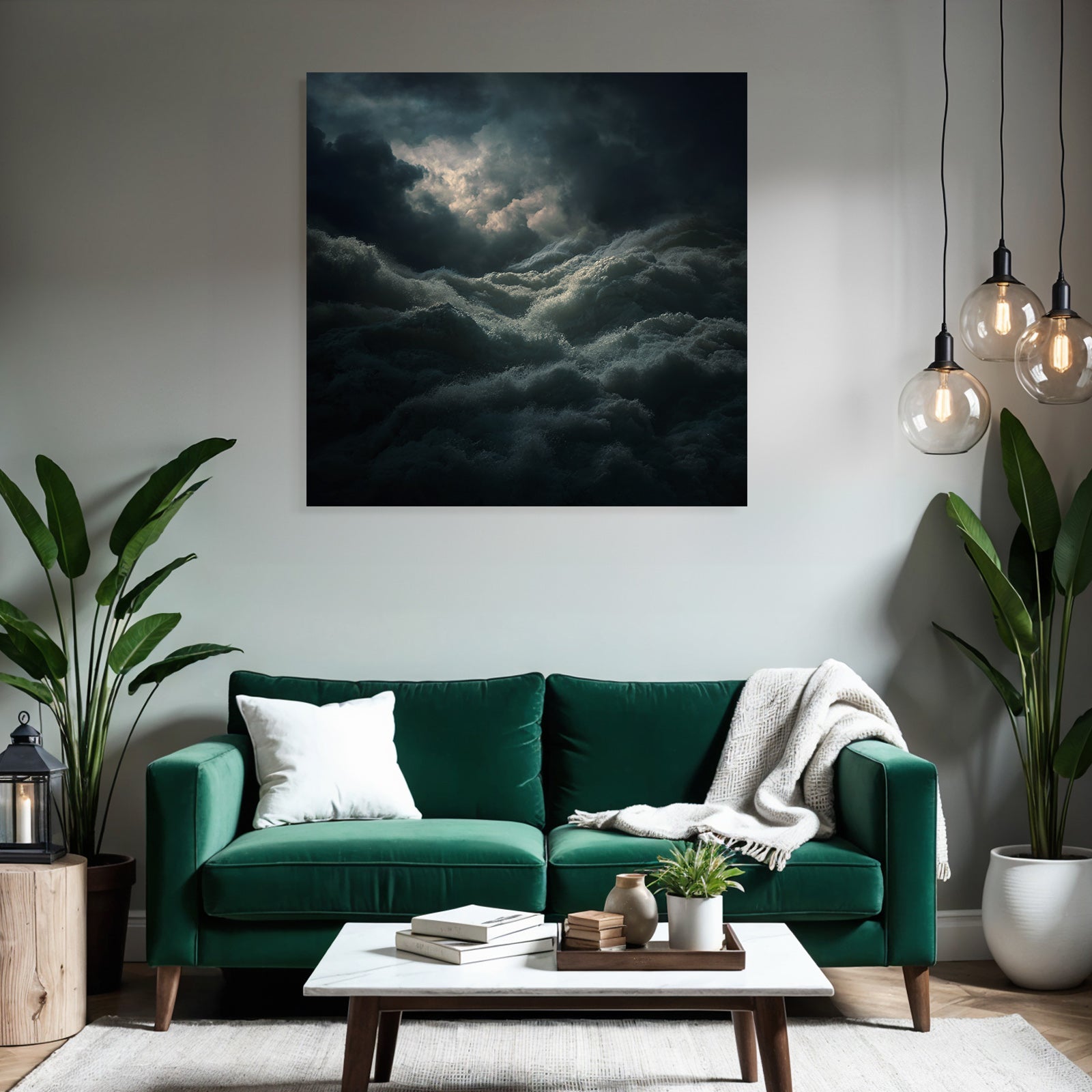 Stormy sea under dark clouds with light