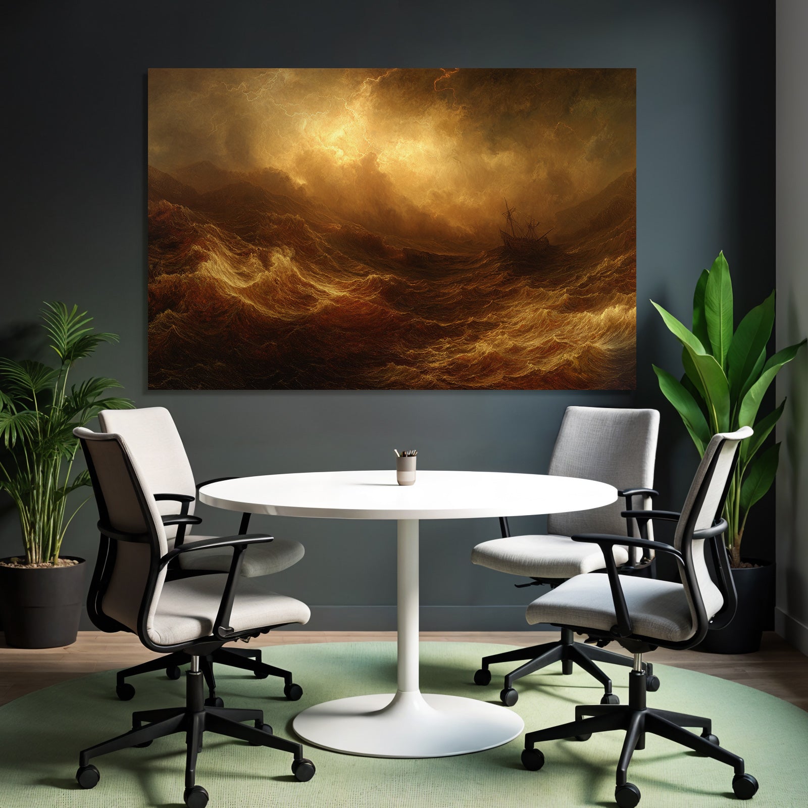 Stormy sea in warm golden-brown light with ship