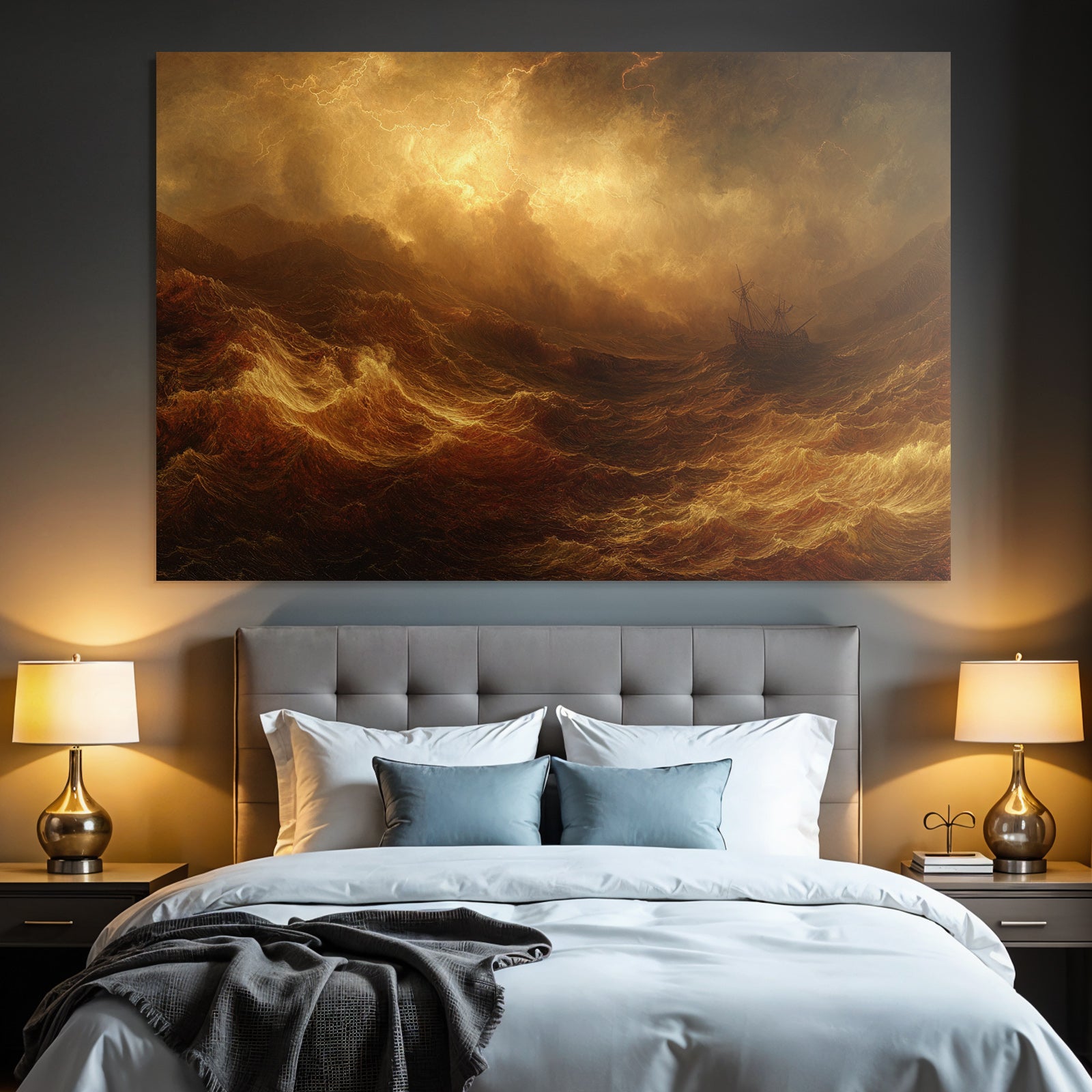 Stormy sea in warm golden-brown light with ship