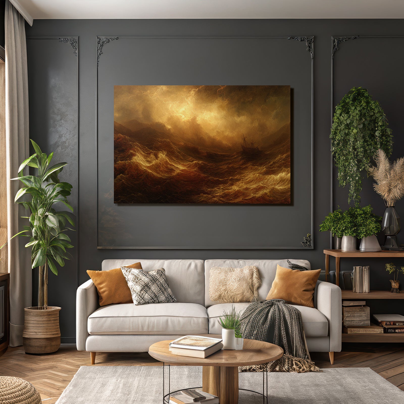 Stormy sea in warm golden-brown light with ship