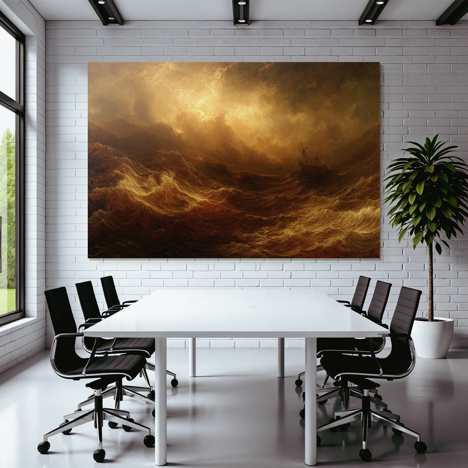 Stormy sea in warm golden-brown light with ship