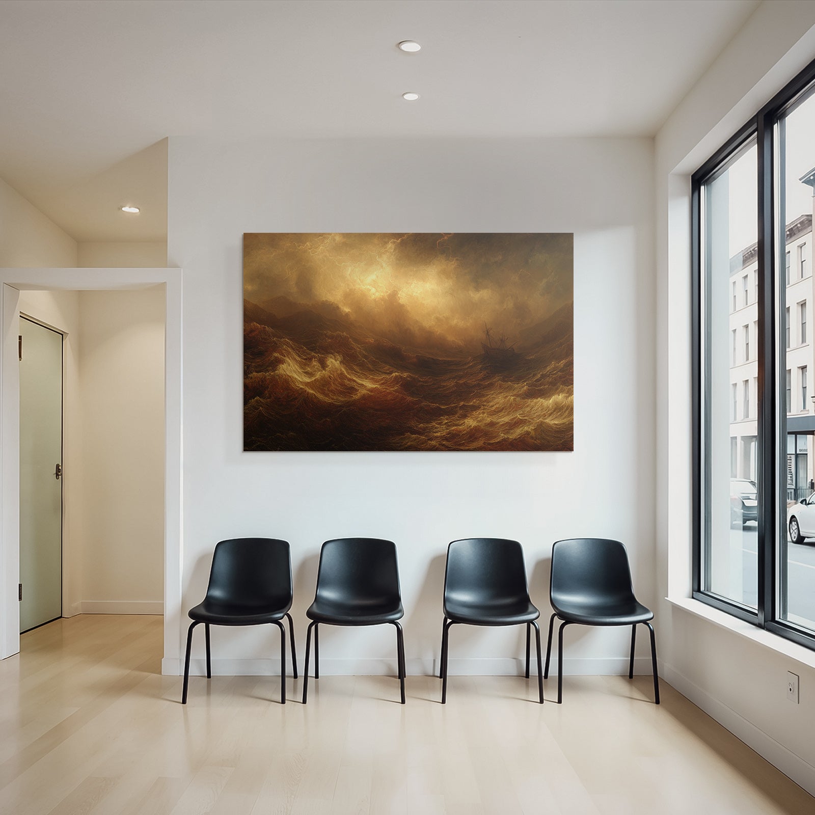 Stormy sea in warm golden-brown light with ship