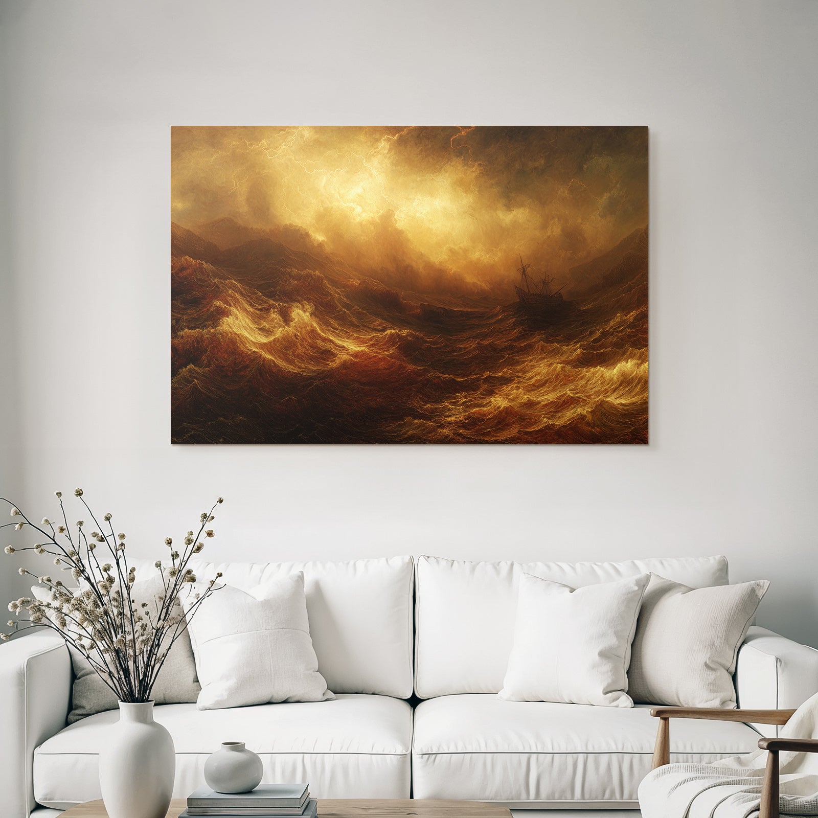 Stormy sea in warm golden-brown light with ship