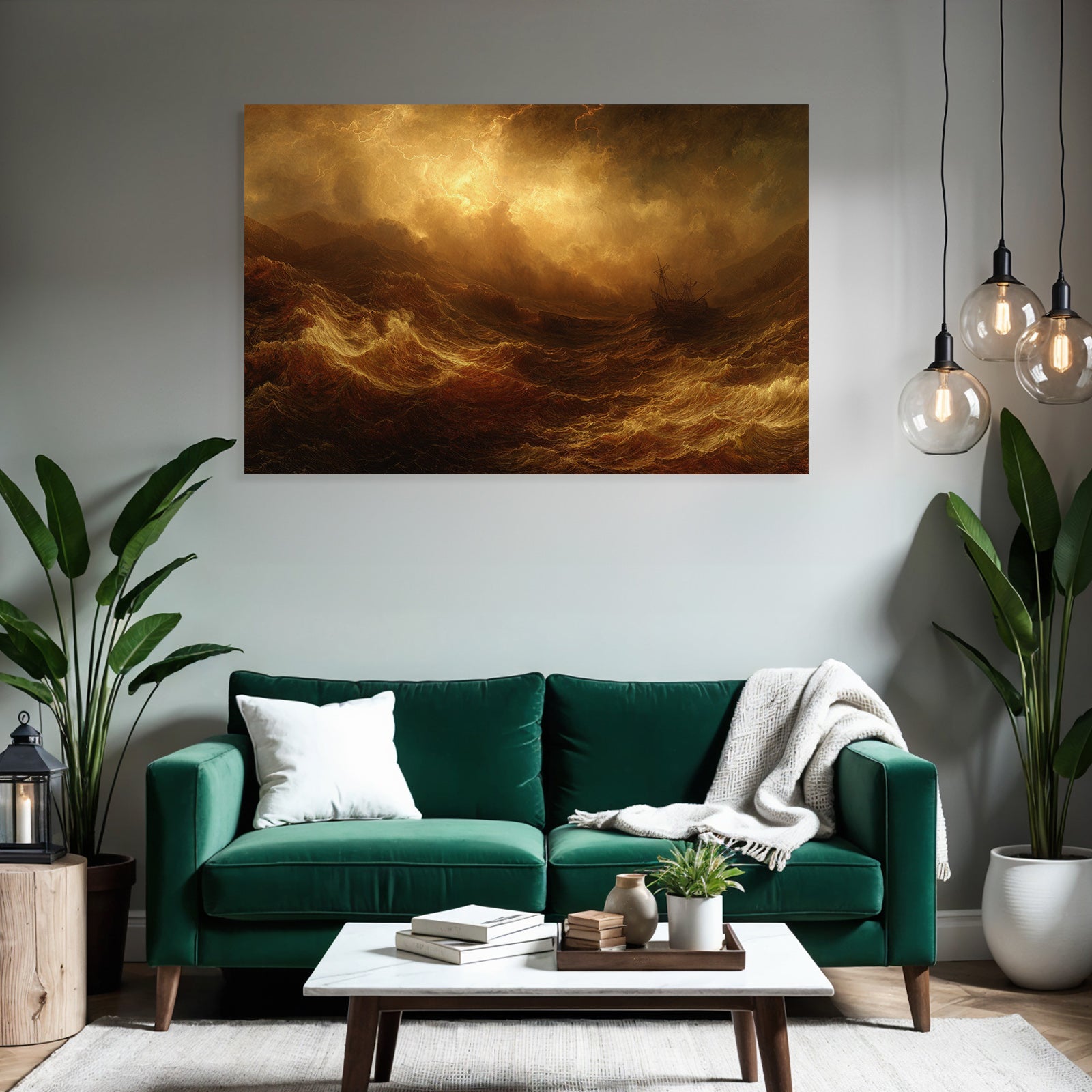 Stormy sea in warm golden-brown light with ship