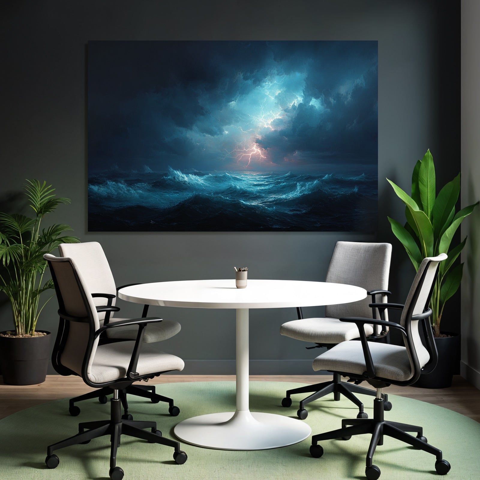 Stormy sea with lightning and dark storm clouds